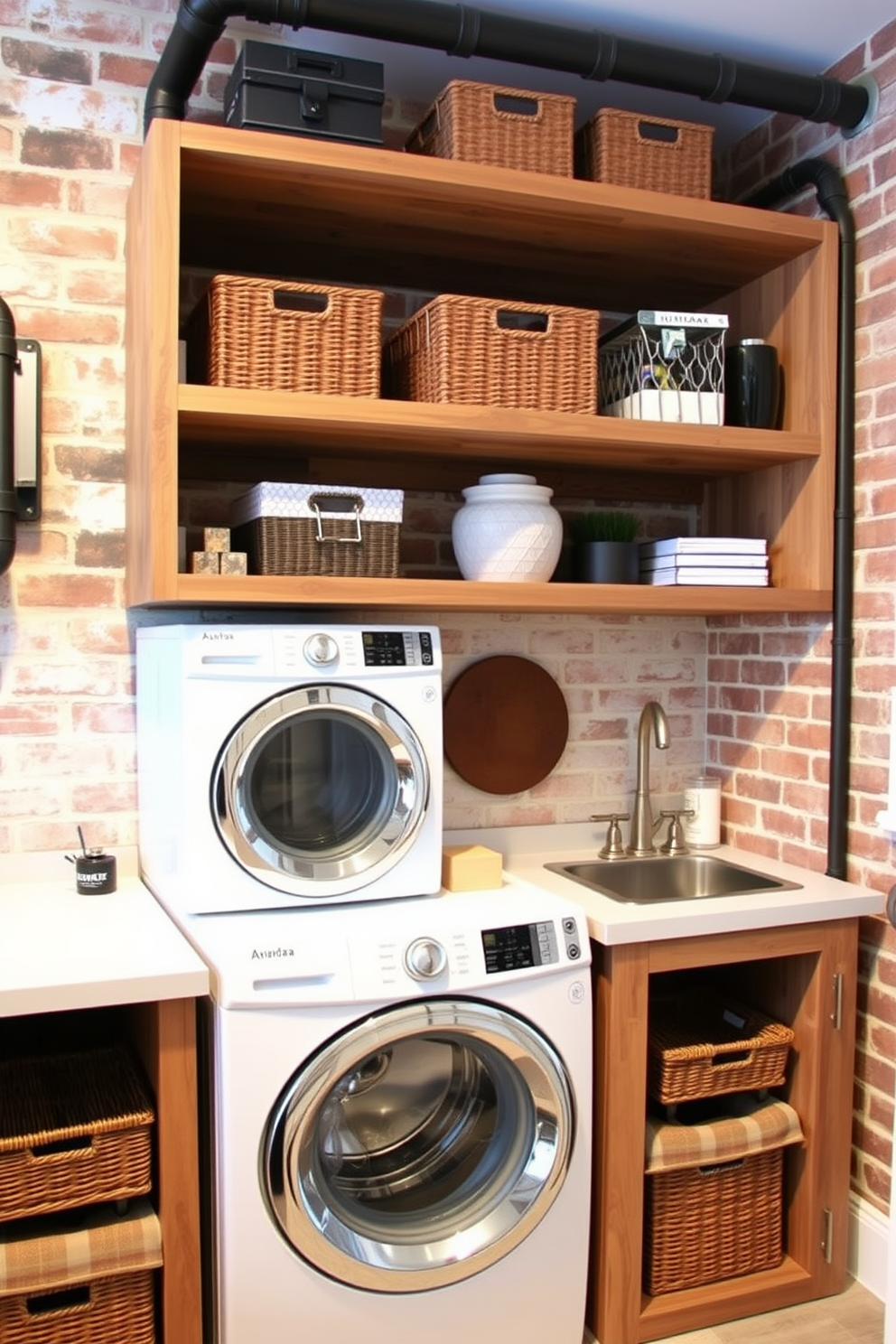 A modern laundry room featuring industrial elements with exposed brick walls and metal piping. The stacked washer and dryer are framed by open shelving made of reclaimed wood, showcasing stylish storage baskets and decorative items.