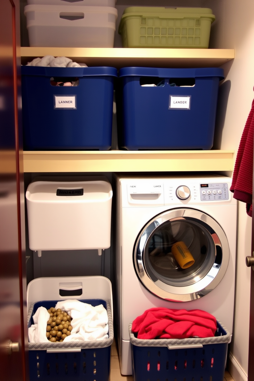 A modern laundry room featuring a sleek chalkboard mounted on the wall for reminders and notes. The space includes a stacked washer and dryer setup, complemented by open shelving for laundry supplies and a stylish basket for sorting clothes.