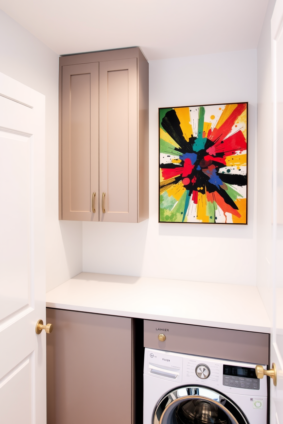 Artistic wall decor for personal touch. A vibrant abstract painting hangs on the wall, complementing the color scheme of the room. Laundry Room with Stacked Washer Dryer Design Ideas. The space features sleek cabinetry above the stacked washer and dryer, providing ample storage while maintaining a clean aesthetic.