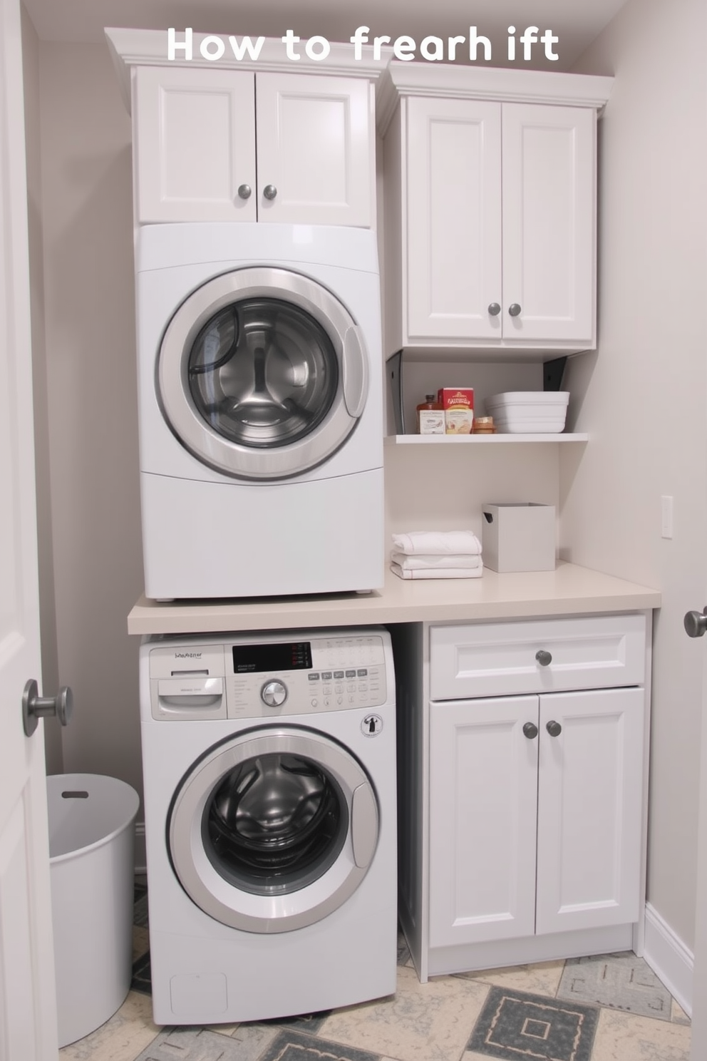 Create an efficient layout for a laundry room that optimizes workflow. Include a stacked washer and dryer unit, ample countertop space for folding, and storage cabinets above for supplies.