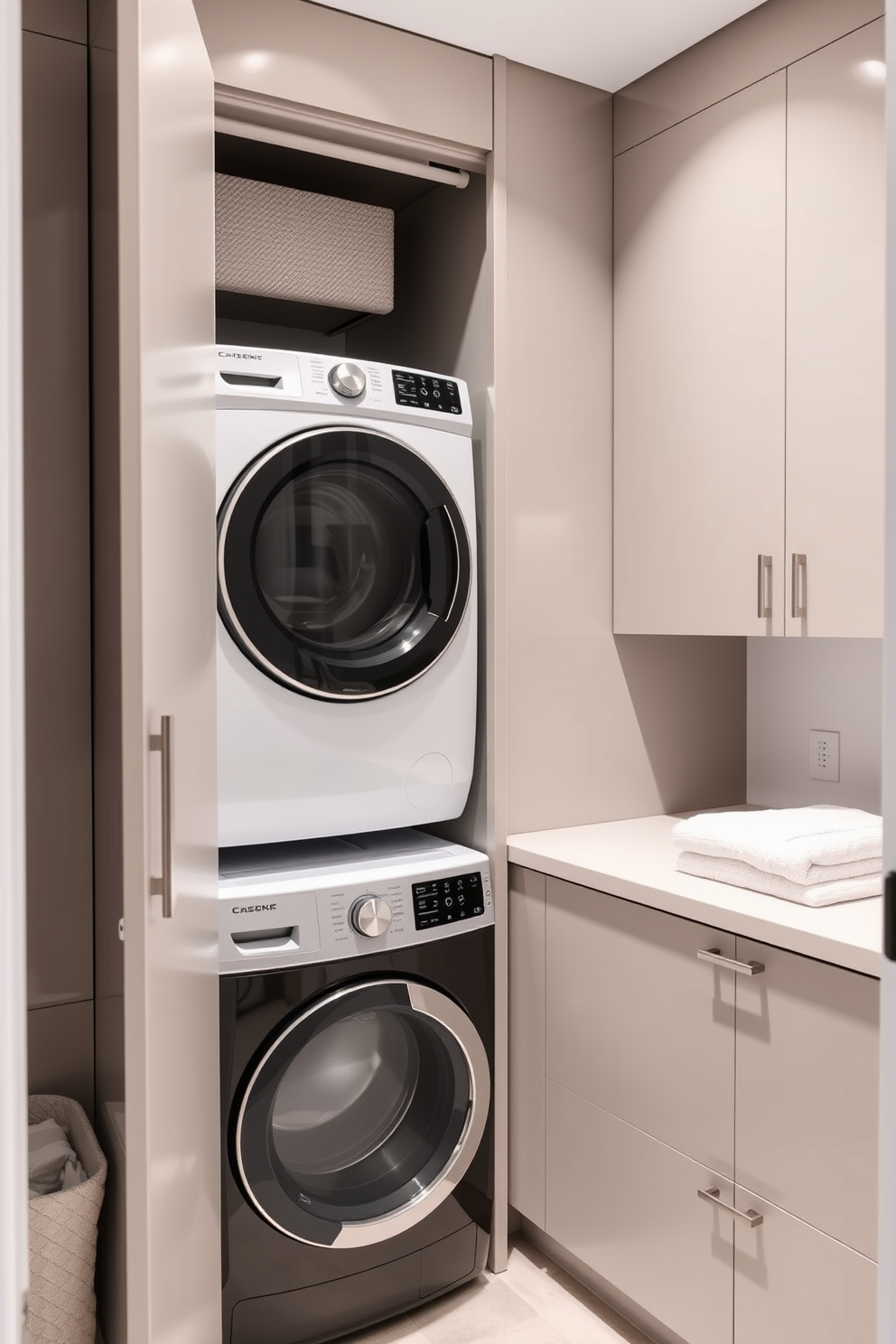 A functional laundry room featuring a sleek stacked washer and dryer setup. The room includes a practical laundry chute integrated into the cabinetry for easy access and convenience. The walls are painted in a soft blue hue, creating a calming atmosphere. A spacious countertop is available for folding clothes, complemented by stylish storage baskets for organization.