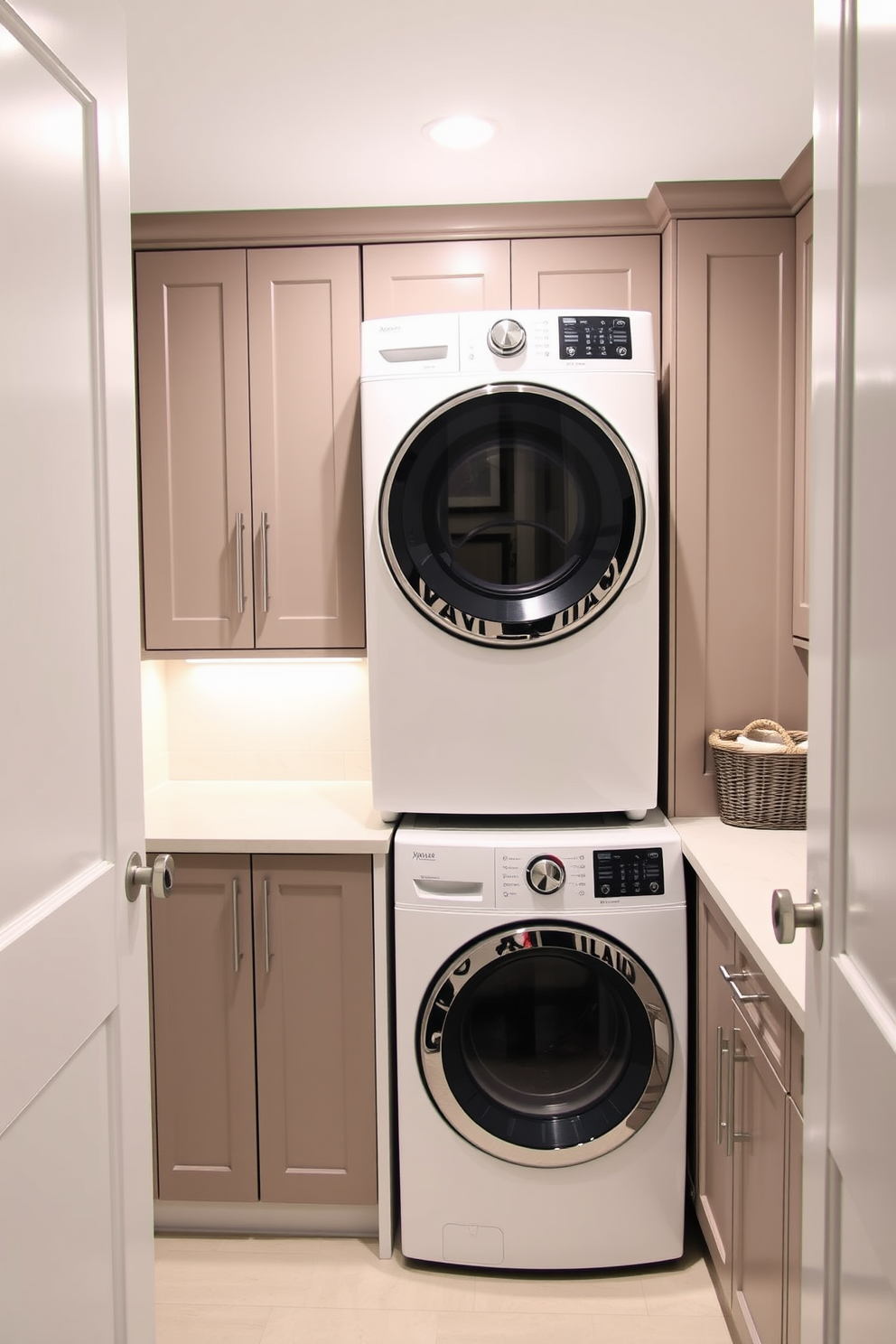 A functional laundry room featuring a stacked washer and dryer setup against a wall. To the right, a small fridge is integrated into the cabinetry for snacks and drinks, providing convenience and utility. The cabinetry is painted in a soft white finish with brushed nickel handles. A folding countertop above the washer and dryer offers additional workspace, while a stylish laundry basket sits nearby for easy access.