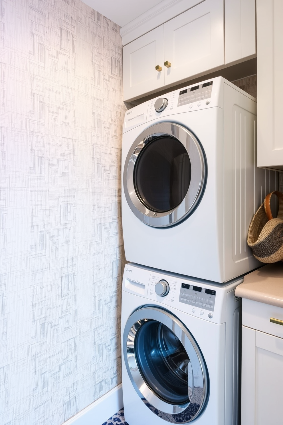 A laundry room with textured walls adds depth and character to the space. The stacked washer and dryer are positioned against a backdrop of stylish, patterned wallpaper that enhances the overall aesthetic.