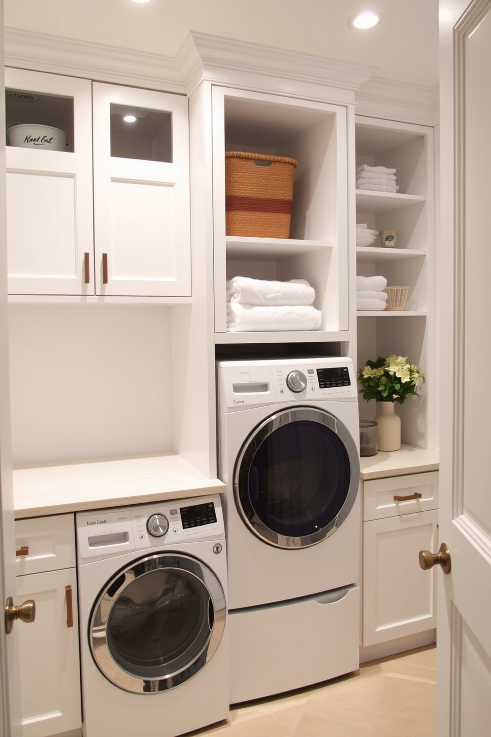 Custom cabinetry for unique spaces. The laundry room features a sleek design with a stacked washer and dryer seamlessly integrated into the cabinetry. The cabinetry is painted in a soft white finish, creating a bright and airy feel. Open shelving above provides storage for laundry essentials, while a chic countertop offers space for folding clothes.