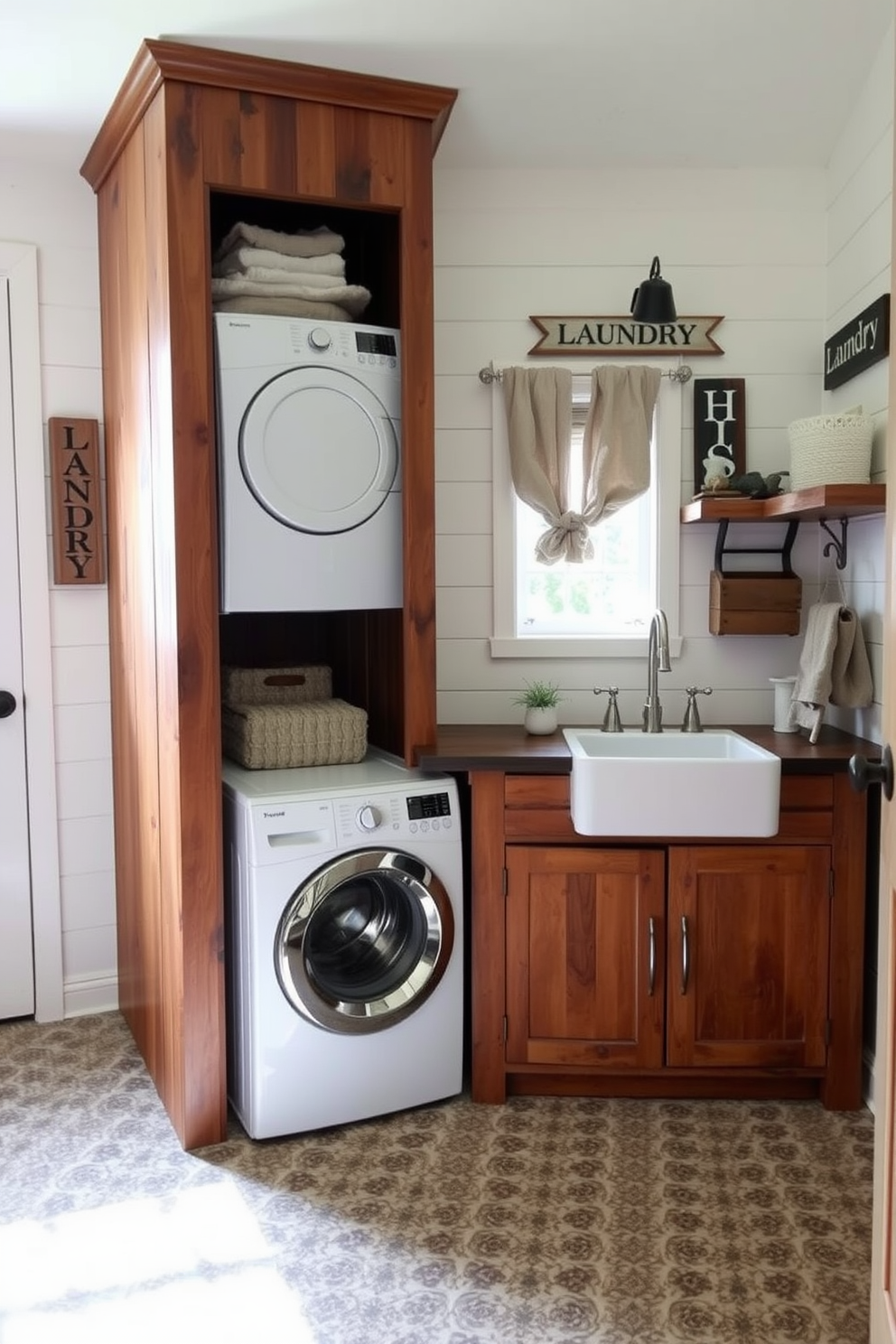 A cozy farmhouse style laundry room features a stacked washer and dryer unit neatly tucked into a wooden cabinetry. The room is adorned with rustic accents such as a shiplap wall, vintage laundry signs, and a farmhouse sink with a brushed nickel faucet. Natural light streams in through a small window adorned with a simple linen curtain. The floor is covered with a durable, patterned tile that complements the warm wood tones of the cabinetry.