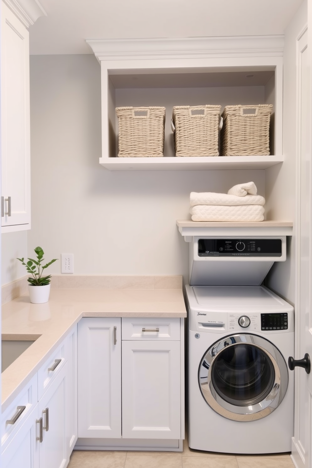 A stylish laundry room featuring a stacked washer and dryer set against a backdrop of soft blue walls. The cabinetry above the appliances is a crisp white, providing a clean and coordinated look with decorative baskets for storage. The countertop beside the washer and dryer is a light gray quartz, offering durability and elegance. A vibrant green potted plant sits on the countertop, adding a fresh touch to the space while coordinating with the overall color theme.