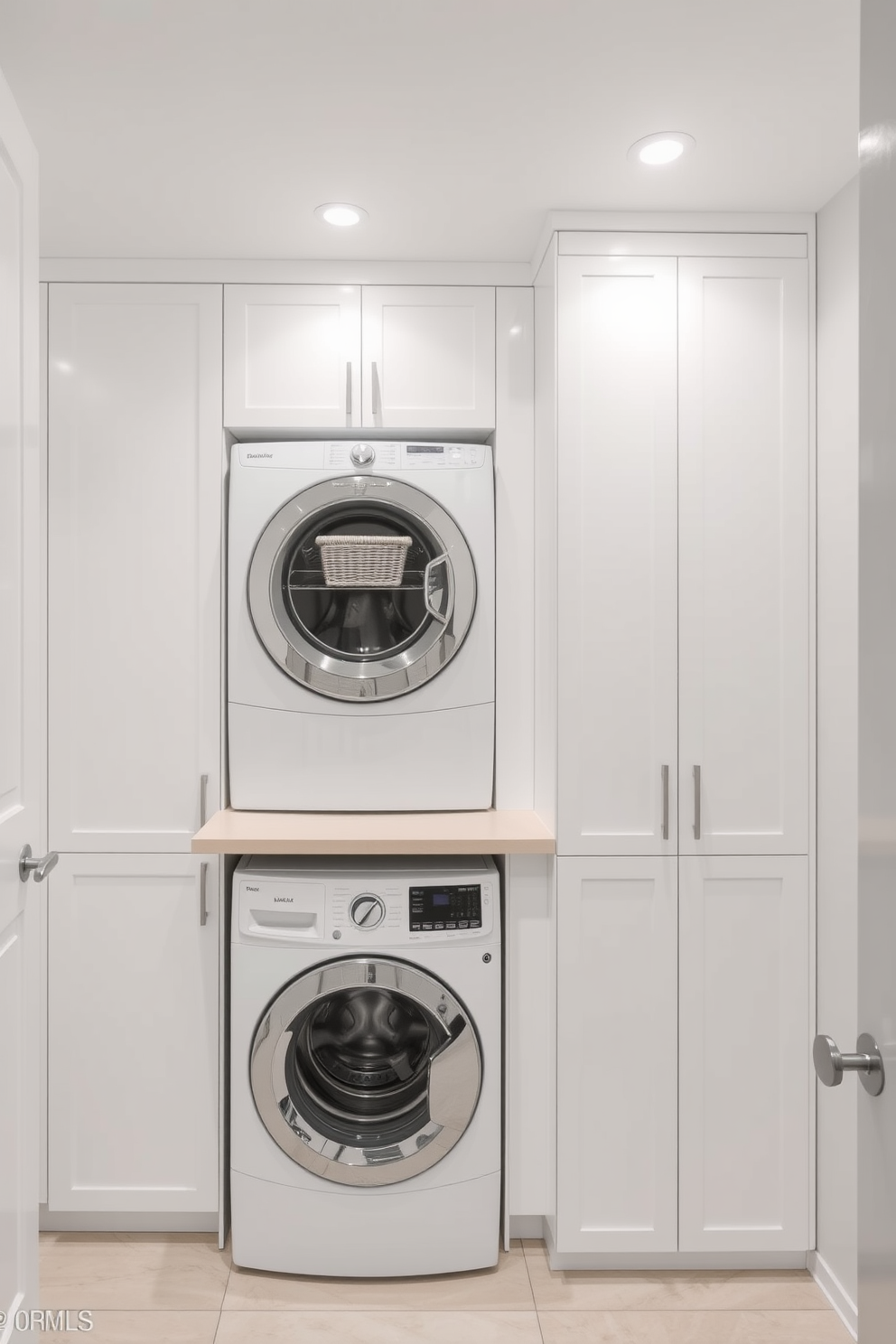 A modern laundry room featuring sleek finishes and a minimalist aesthetic. The stacked washer and dryer are seamlessly integrated into cabinetry with a crisp white finish, creating a clean and uncluttered look. The space is illuminated by recessed lighting, enhancing the bright and airy feel of the room. A simple countertop extends above the appliances, providing space for folding laundry, complemented by a few neatly arranged storage baskets.