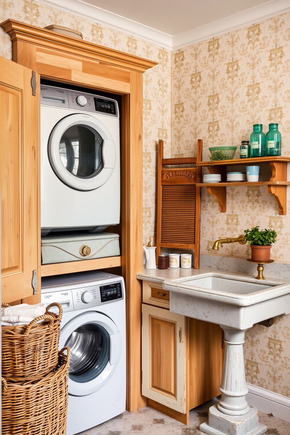 A vintage laundry room exuding charm features a stacked washer and dryer seamlessly integrated into a rustic wooden cabinet. The walls are adorned with soft pastel wallpaper, and an antique washboard is displayed as a decorative accent. A weathered farmhouse sink sits beside the appliances, complemented by brass fixtures and a woven basket filled with fresh linens. Vintage-inspired shelves showcase colorful glass jars and potted plants, adding a touch of whimsy to the space.