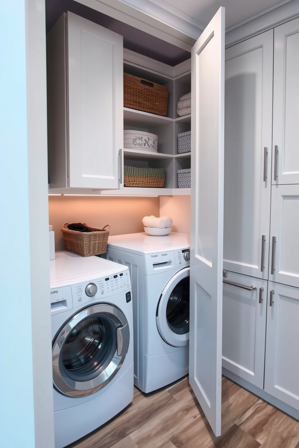 A functional laundry room featuring a stacked washer and dryer setup. The walls are painted in a light gray color, and sleek wall hooks are installed for quick hanging of clothes and accessories.