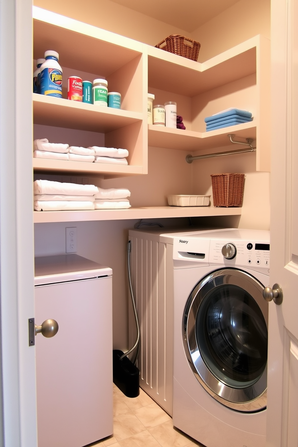 A functional laundry room features open shelving for easy access to items such as detergents and fabric softeners. The stacked washer and dryer are positioned neatly, maximizing floor space while maintaining a clean and organized appearance.