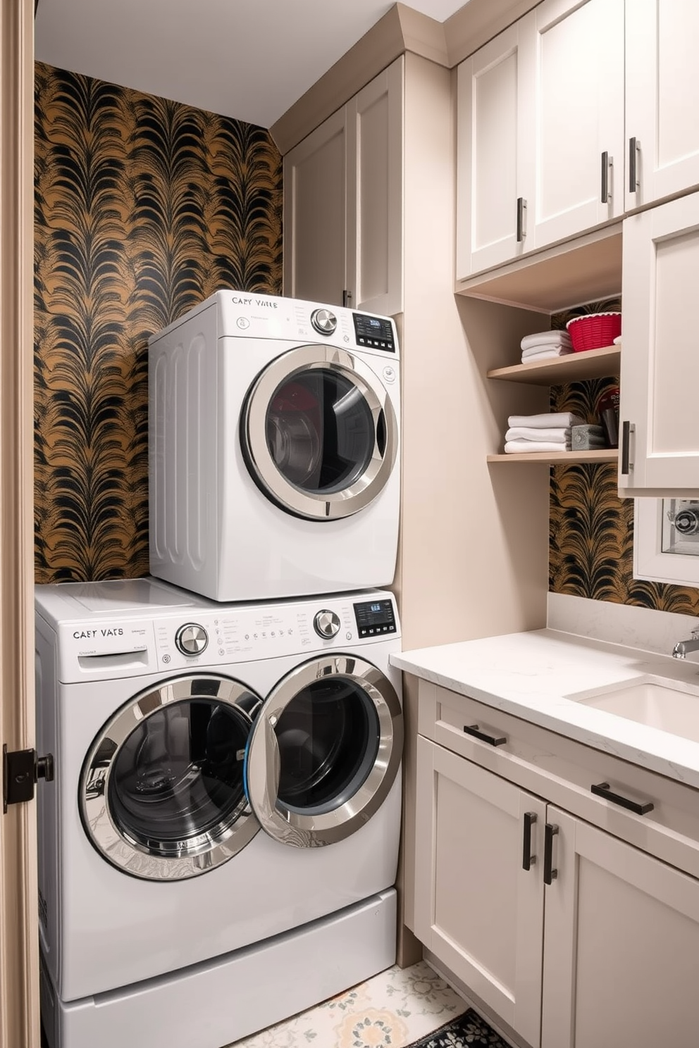 A striking laundry room features bold wallpaper that adds a vibrant touch to the space. The stacked washer and dryer are seamlessly integrated into the design, surrounded by stylish cabinetry for storage. The room is illuminated by bright lighting that enhances the bold colors of the wallpaper. A spacious countertop beside the washer and dryer provides ample space for folding laundry and organizing supplies.