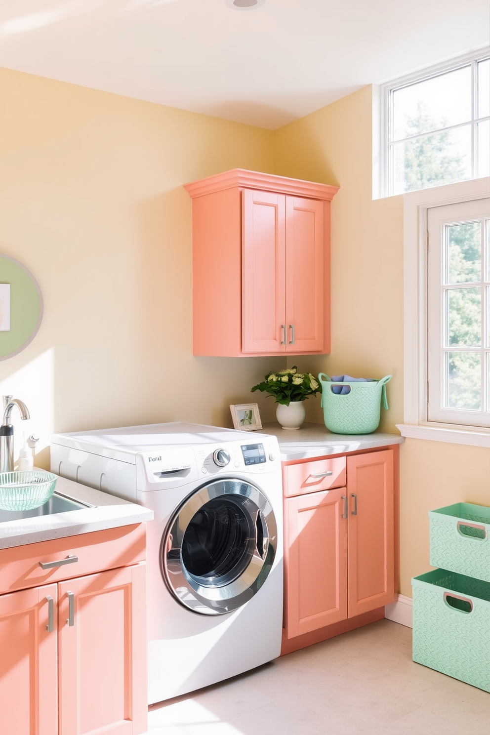 Bright white cabinetry with open shelves creates a clean and airy atmosphere in the laundry room. The top loading washer is seamlessly integrated into the design, surrounded by neatly organized baskets and plants for a touch of freshness.