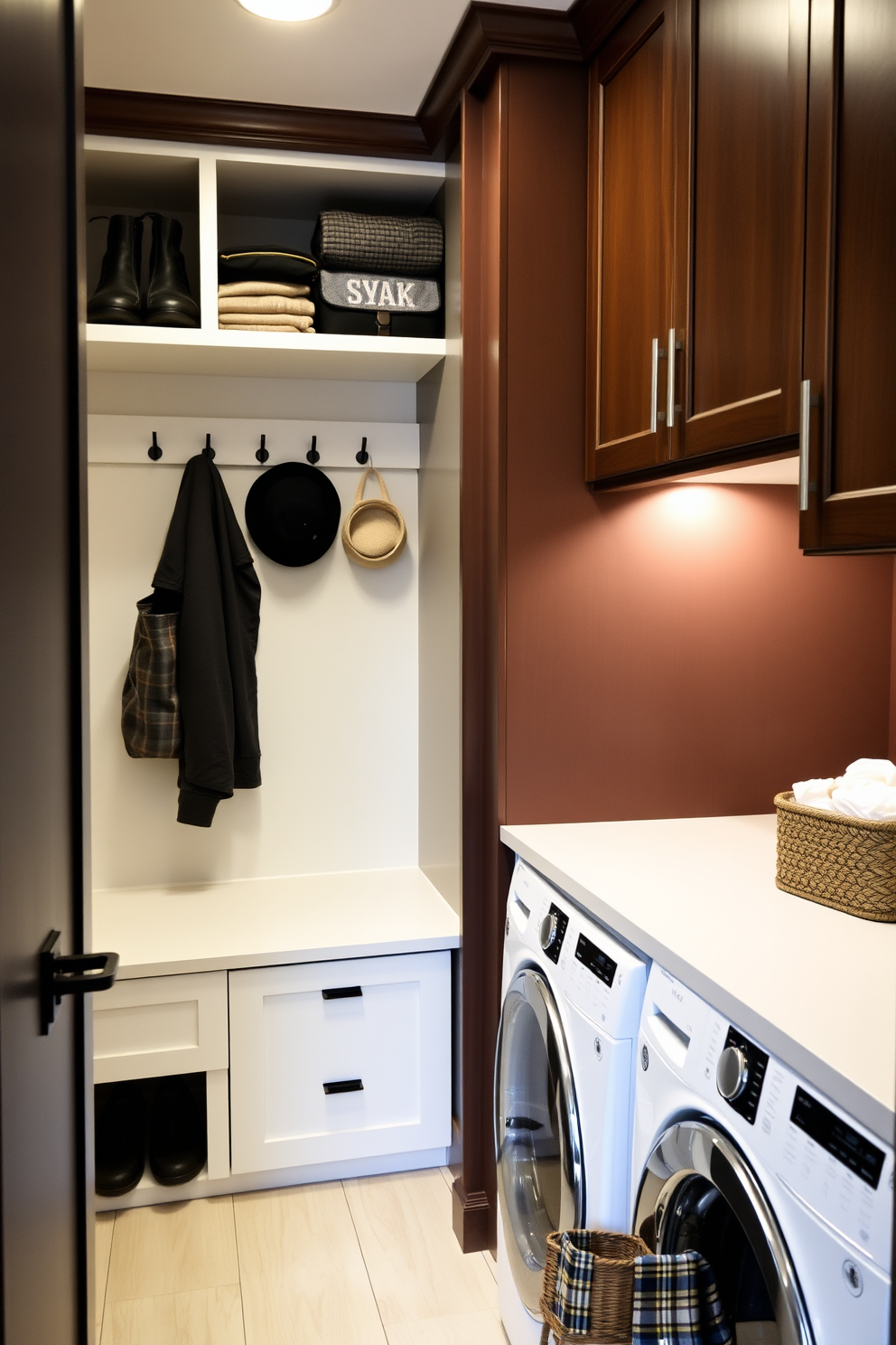 A functional folding station with a spacious countertop is the centerpiece of the laundry room. The area is designed with ample storage cabinets above and below the countertop, providing a clutter-free environment. The top loading washer is seamlessly integrated into the cabinetry, offering a streamlined look. Soft, ambient lighting illuminates the space, enhancing the warm tones of the cabinetry and the elegant backsplash.