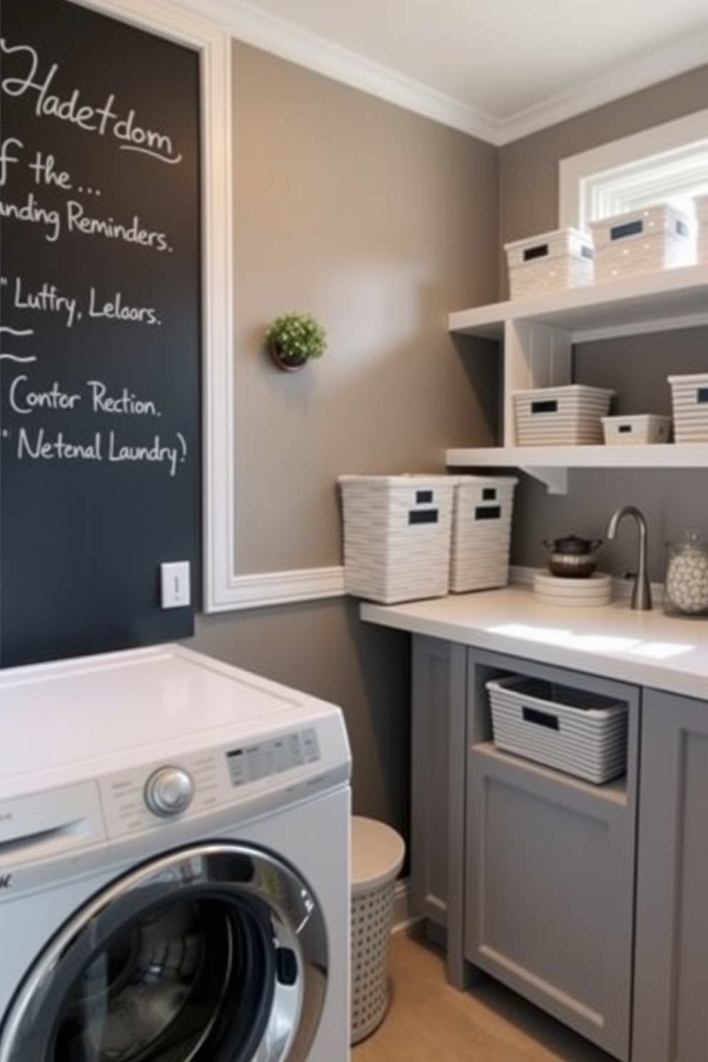 A functional laundry room featuring a wall-mounted drying rack for convenience. The space includes a top-loading washer with a sleek design, surrounded by cabinets for storage.