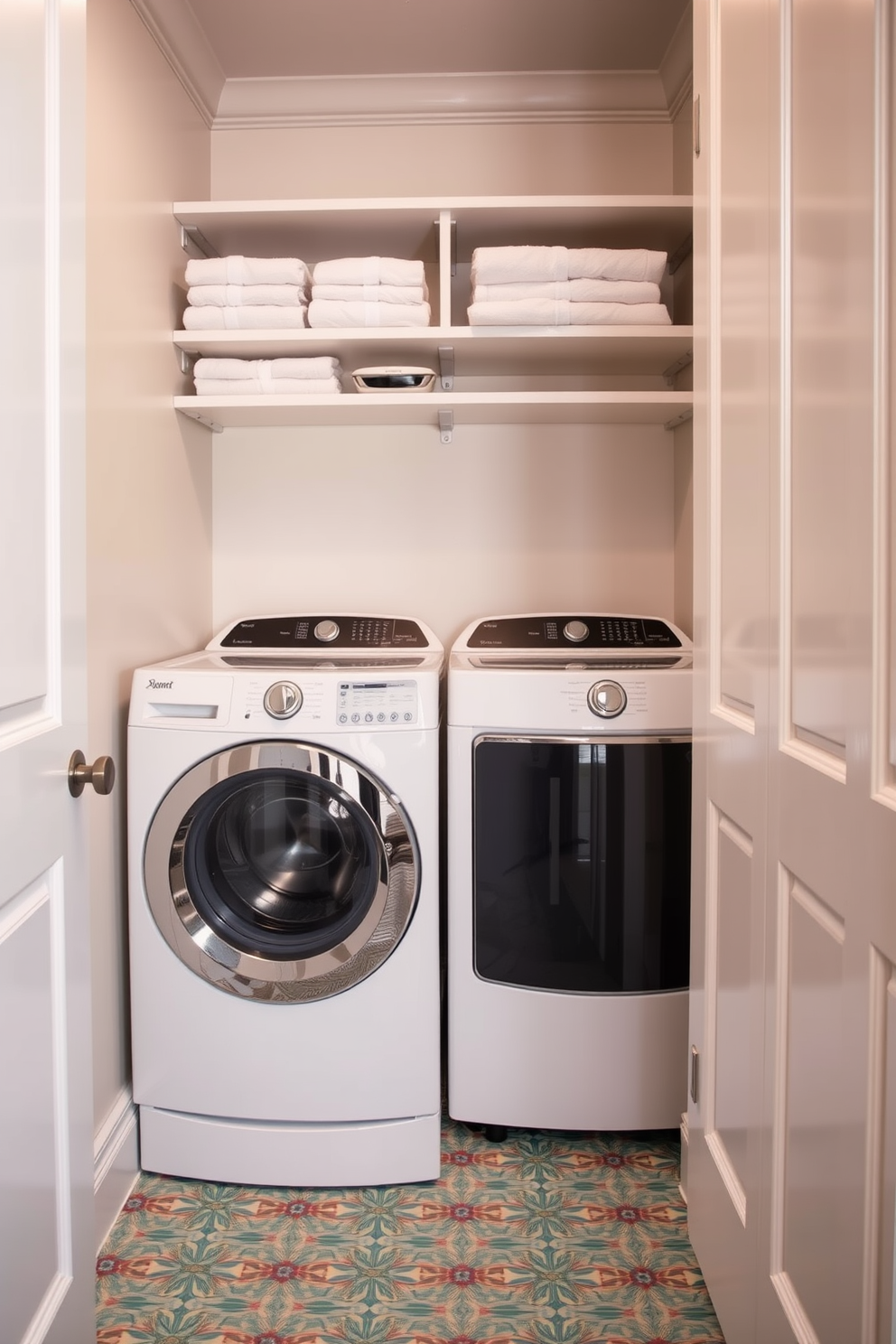 Bright lighting fixtures illuminate the cheerful laundry room creating a vibrant atmosphere. The space features a top-loading washer surrounded by open shelving for easy access to laundry supplies. The walls are painted in a light pastel color, enhancing the brightness of the room. A large window allows natural light to flood in, complementing the modern pendant lights above.