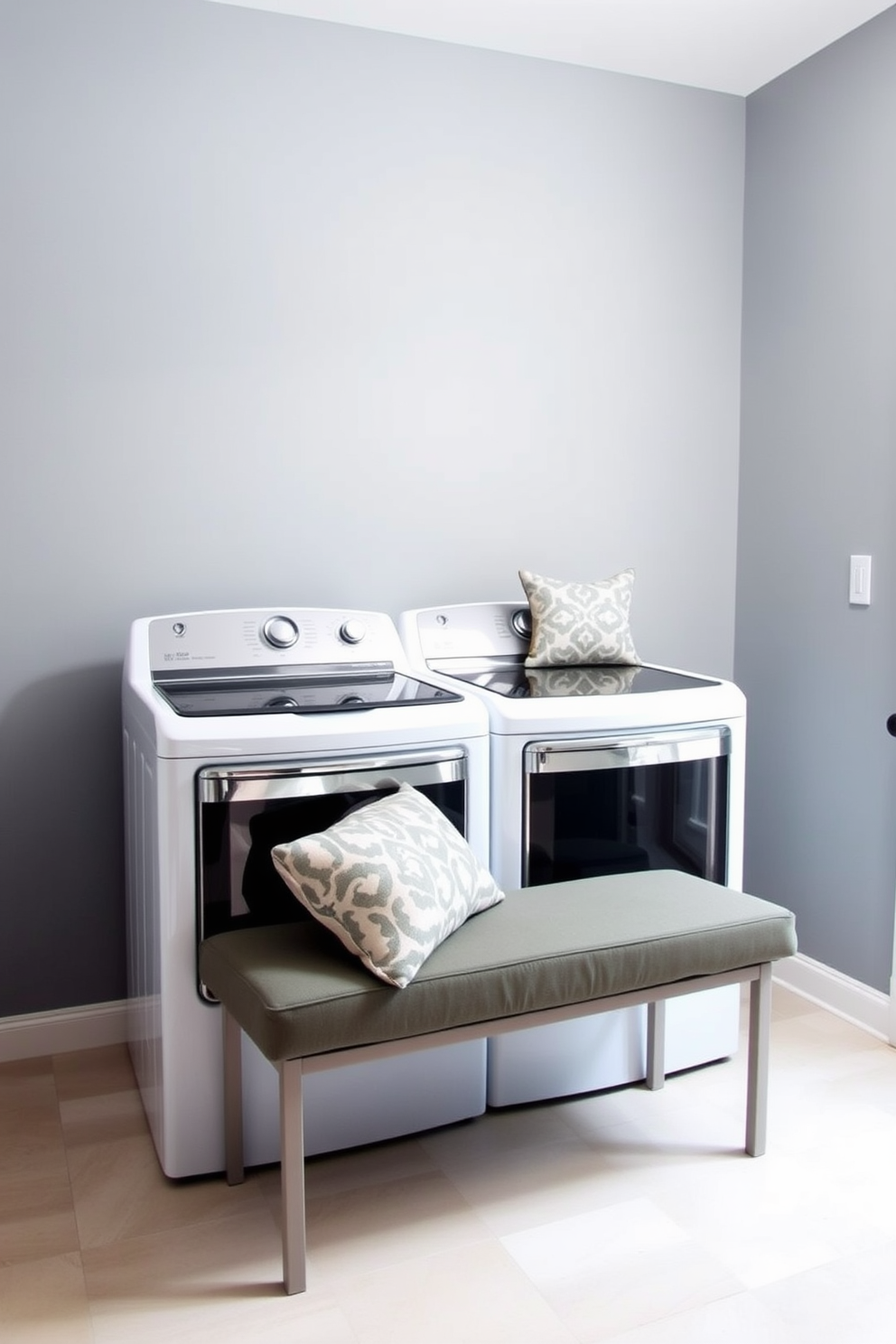 A stylish laundry room featuring textured wallpaper that adds depth and interest to the space. The room includes a top loading washer paired with a sleek countertop for folding clothes, complemented by storage cabinets above for organization.