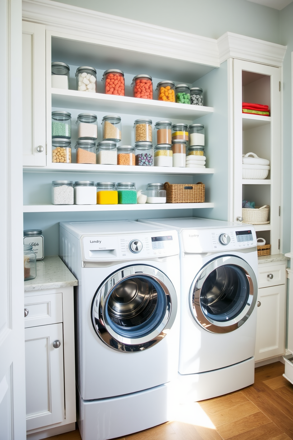 A functional laundry room featuring under-sink storage designed for cleaning supplies. The cabinetry is painted in a soft white finish with sleek handles, providing easy access to essentials. The top loading washer is placed against a wall with a stylish backsplash, complementing the overall aesthetic. A countertop above the washer offers additional space for folding clothes and organizing laundry items.