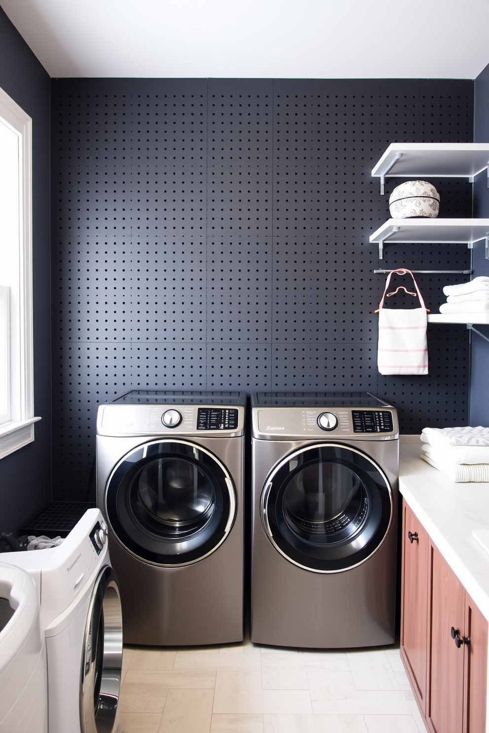 A modern laundry room features a sleek cabinetry design that seamlessly integrates a pull-out ironing board for convenience. The top loading washer is surrounded by stylish storage solutions, ensuring an organized and functional space. Bright white cabinetry contrasts beautifully with the warm wood accents throughout the room. Large baskets for laundry and a countertop for folding clothes enhance the practicality of this efficient laundry area.