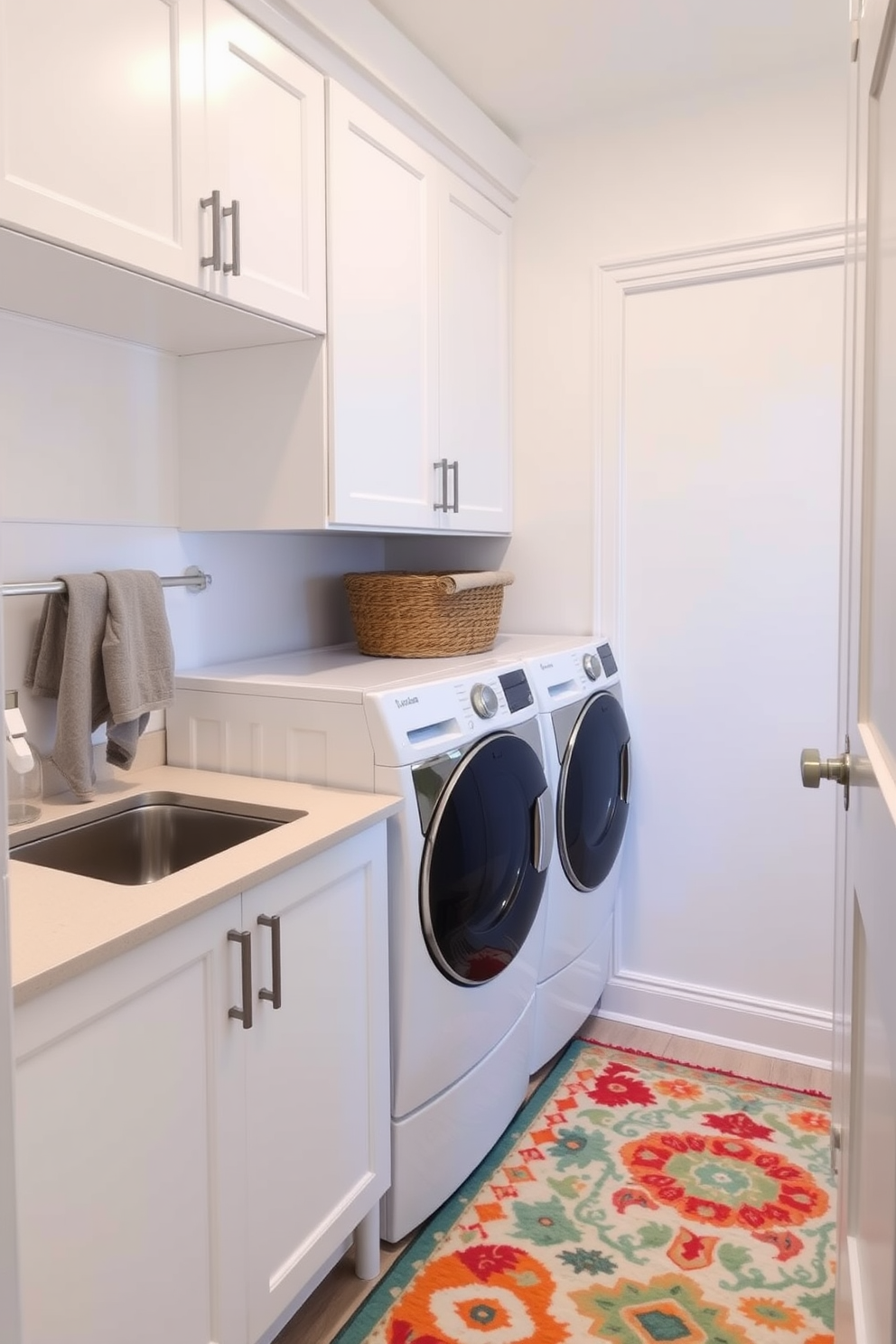 A bright and airy laundry room features glass-front cabinets that provide easy visibility of neatly organized supplies and linens. The top loading washer is positioned centrally, surrounded by a spacious countertop for folding and sorting clothes, complemented by stylish baskets for additional storage.