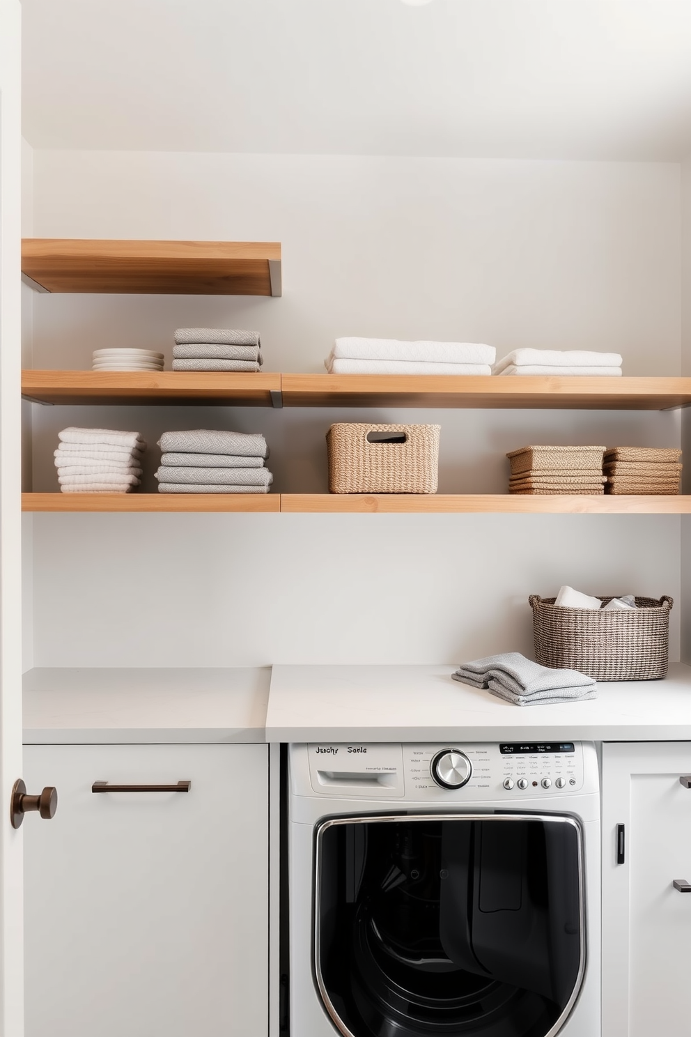 A vibrant laundry room featuring a colorful accent wall adorned with creative laundry-themed art. The space includes a top-loading washer, complemented by stylish storage solutions and cheerful decor elements.