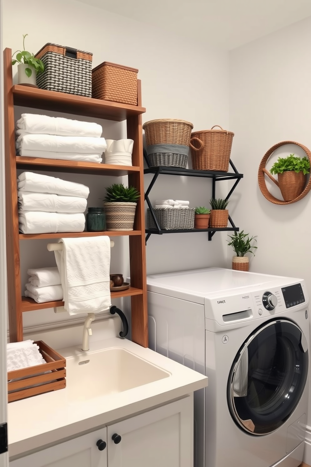 A well-organized pegboard displays an array of tools and accessories in a neat and accessible manner. The laundry room features a top loading washer with a sleek design, complemented by a modern countertop for folding clothes. The pegboard is painted in a soft white color, creating a clean and bright atmosphere. Below the pegboard, a sturdy shelf holds baskets for sorting laundry supplies, enhancing the room's functionality.