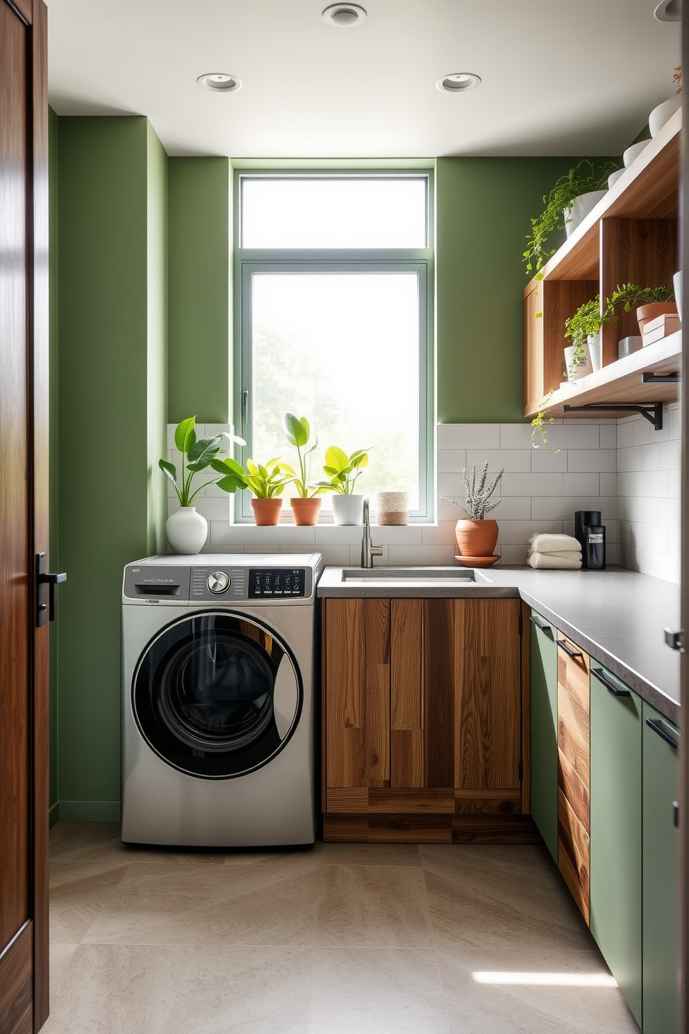 A modern laundry room featuring a top-loading washer seamlessly integrated into cabinetry. The walls are painted in a soft gray, and the floor is adorned with sleek white tiles, creating an inviting and functional space. Storage cabinets with hidden plumbing provide a clean and uncluttered appearance. A stylish countertop above the washer offers ample space for folding laundry, while decorative baskets add a touch of warmth and organization.