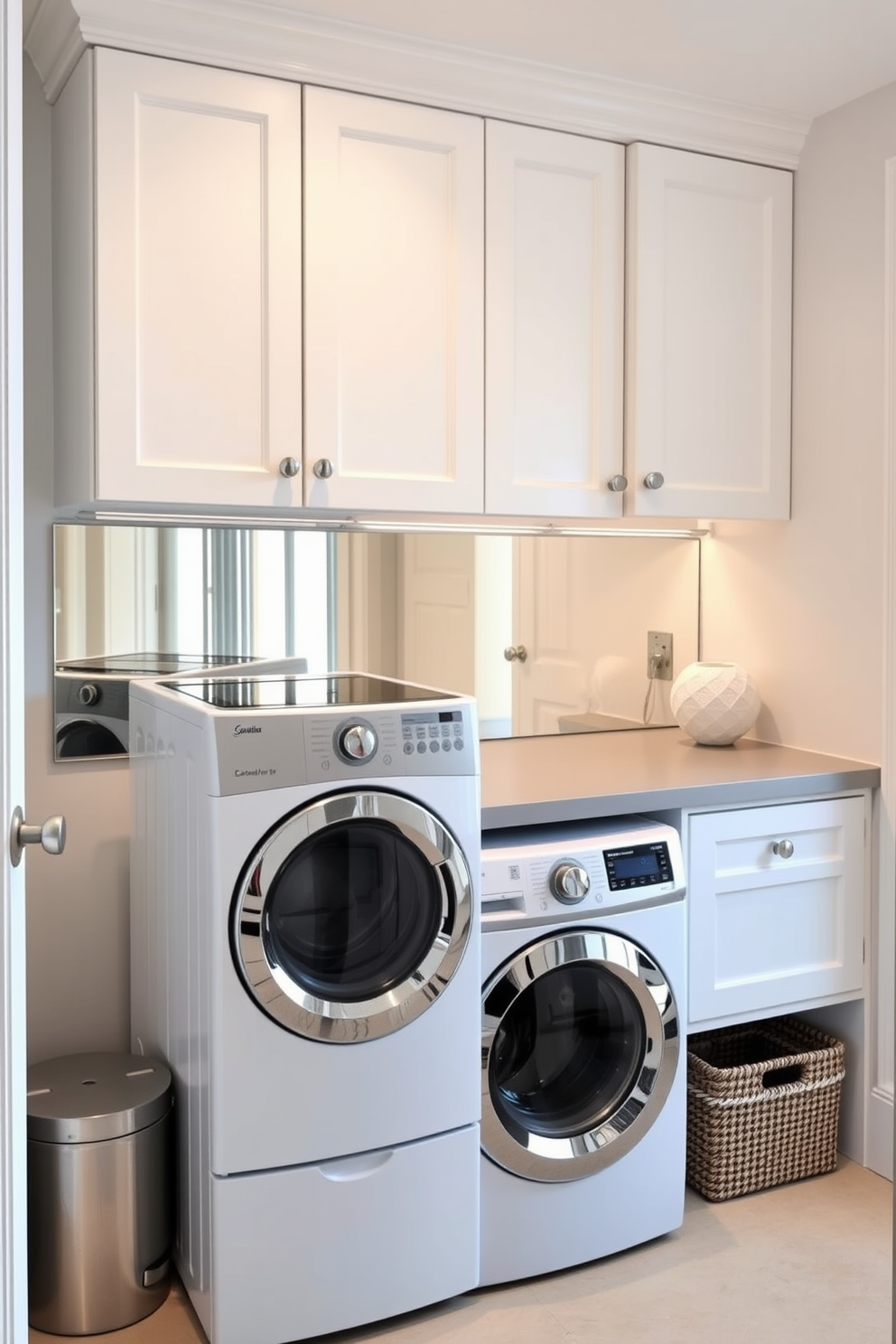 A serene laundry room featuring soft pastel colors that create a calming atmosphere. The space includes a top loading washer with a matching dryer stacked above, surrounded by light mint green walls and white cabinetry. A wooden countertop provides a functional workspace, adorned with neatly arranged laundry supplies in pastel containers. A cheerful wall art piece adds a touch of personality, while a woven basket for dirty clothes sits in the corner.