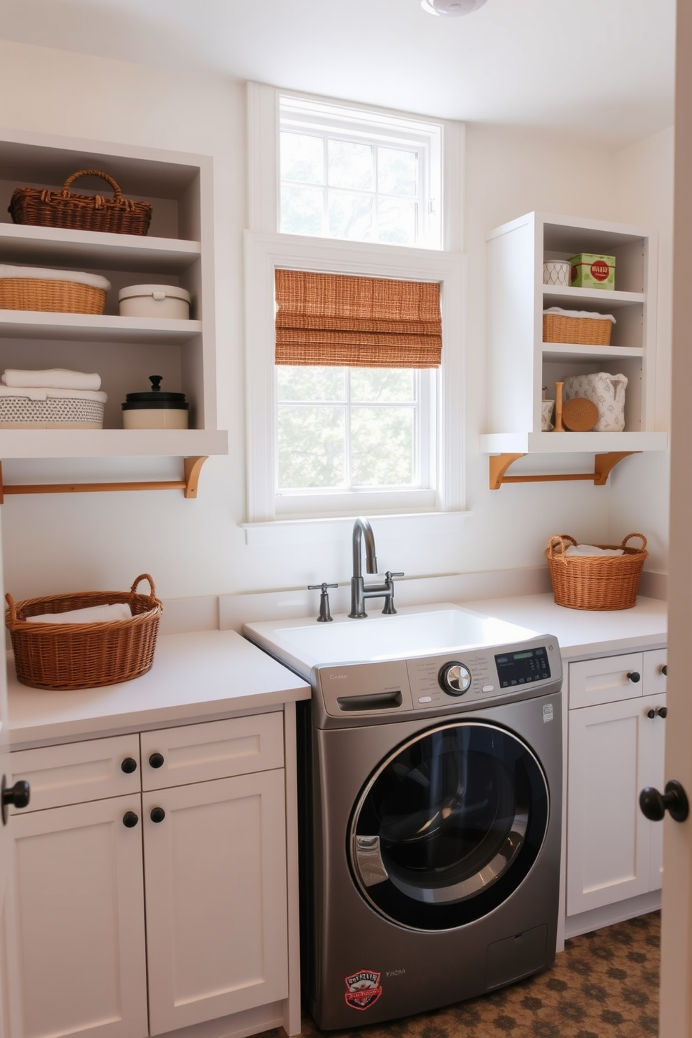 A vibrant laundry room filled with energy. The walls are adorned with playful wall decals featuring colorful patterns and whimsical designs. A top loading washer is positioned in the corner, surrounded by open shelving filled with neatly organized laundry supplies. The space is brightened by cheerful lighting and a fun rug that adds warmth underfoot.