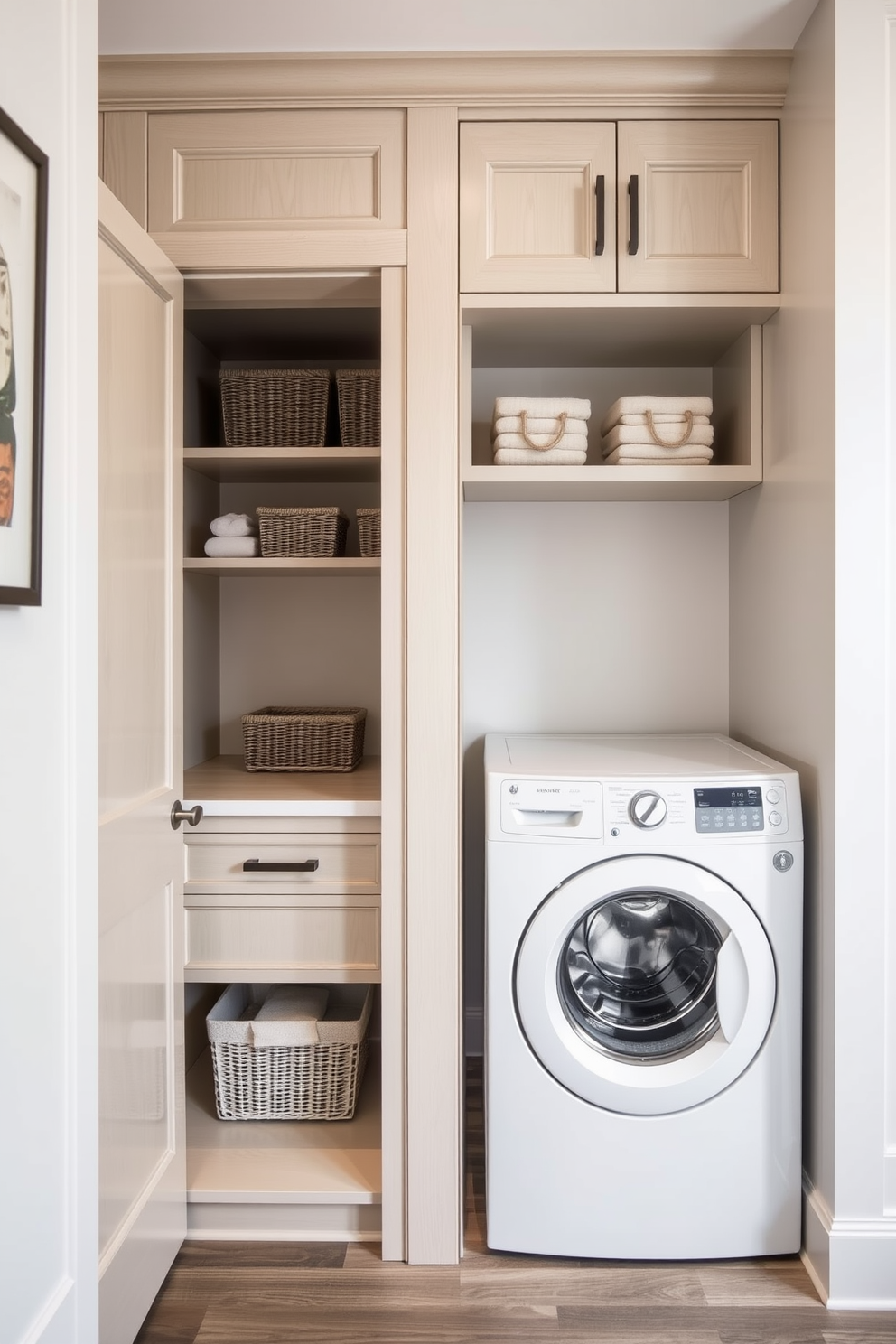 A modern laundry room featuring smart technology for efficient laundry days. The space includes a sleek top loading washer integrated with a digital control panel and energy-efficient features. Bright white cabinetry offers ample storage, while a stylish countertop provides space for folding clothes. The walls are painted in a soft blue hue, and a small potted plant adds a touch of greenery to the room.