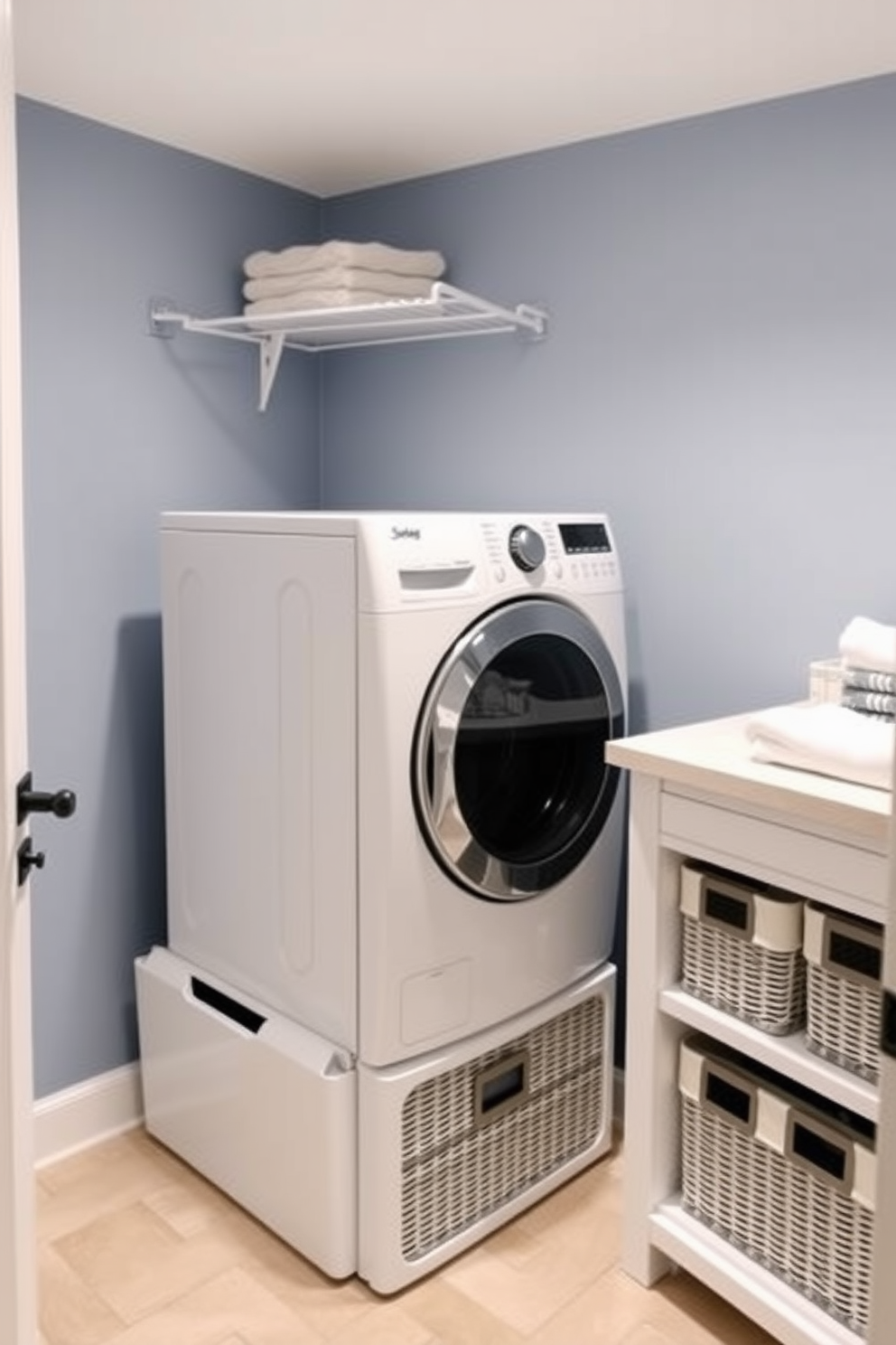 A rustic farmhouse laundry room featuring wood accents creates a warm and inviting atmosphere. The top loading washer is surrounded by open shelving made from reclaimed wood, displaying neatly folded towels and vintage baskets. The walls are painted in a soft cream color, complemented by a shiplap accent wall. A large farmhouse sink sits beside the washer, with a wooden countertop providing ample workspace for sorting and folding laundry.