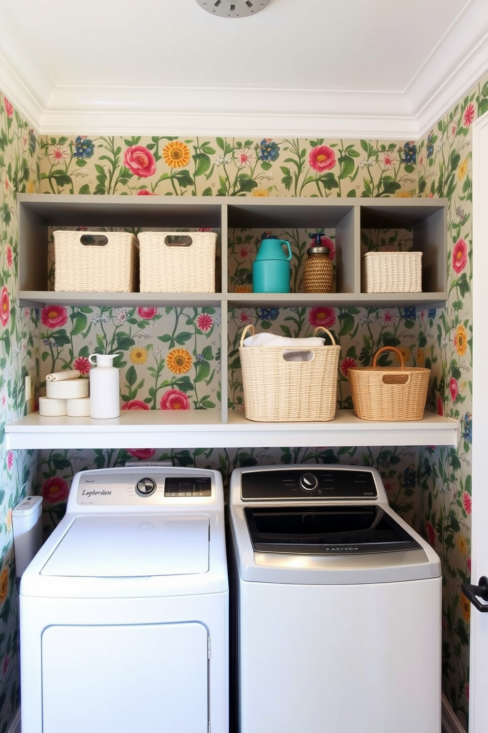 Personalized name tags for storage bins. The bins are neatly arranged on a sturdy wooden shelf, each labeled with a unique name tag in a stylish font. Laundry Room with Top Loading Washer Design Ideas. The space features a bright color palette with ample natural light, showcasing a top loading washer surrounded by functional storage solutions.