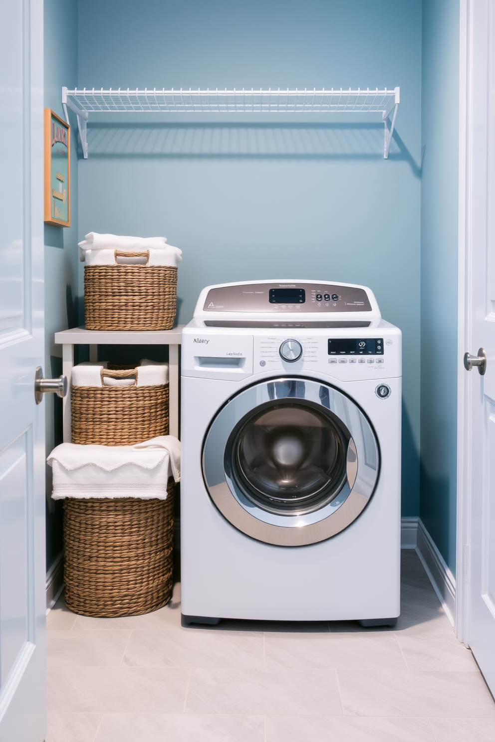 A compact galley layout for a small laundry room features a top loading washer seamlessly integrated into cabinetry. The walls are painted in a soft white, and the countertops are made of light gray quartz for a clean and modern look. Storage solutions include open shelving above the washer and a slim cabinet for laundry supplies. A stylish laundry basket sits in the corner, while a small potted plant adds a touch of greenery to the space.