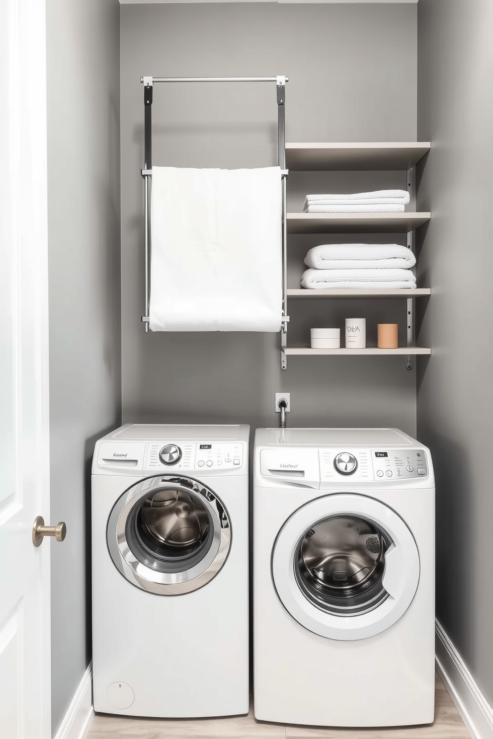 A stylish laundry room featuring top loading washers in a bright and airy space. The room showcases coordinated laundry baskets in soft pastel colors, neatly arranged on a shelf above the washer. The walls are painted in a light neutral tone, creating a fresh and clean atmosphere. A large window allows natural light to flood the room, highlighting the organized and inviting design.