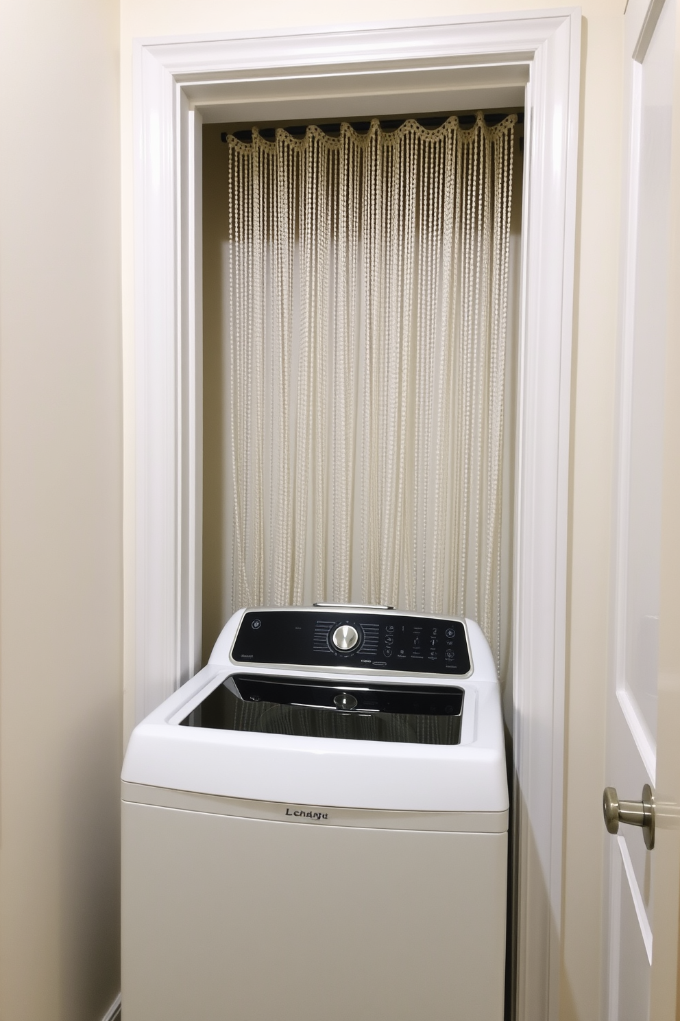 A modern laundry room featuring floating shelves above a top-loading washer. The shelves are made of reclaimed wood and are adorned with neatly folded towels and decorative baskets.