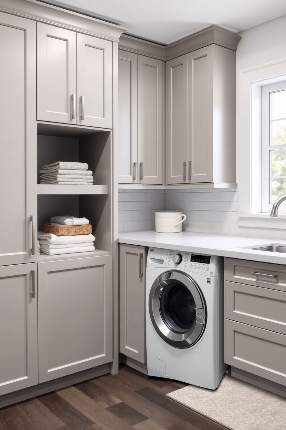 A stylish laundry room featuring built-in cabinetry that seamlessly integrates with the overall design. The cabinetry is finished in a soft white hue, providing ample storage space while maintaining a clean and organized appearance. The top loading washer is positioned centrally, surrounded by a sleek countertop for folding clothes. Above the washer, open shelving displays neatly folded towels and decorative baskets, adding both functionality and charm to the space.