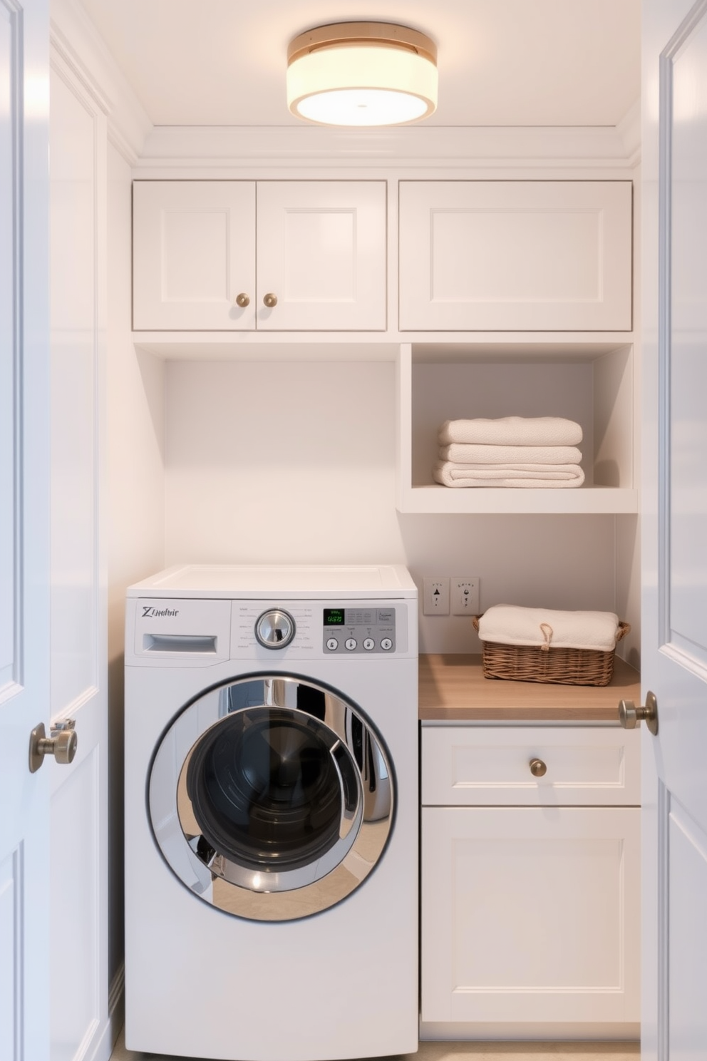 A vintage laundry room featuring retro appliances that exude charm and nostalgia. The top loading washer is surrounded by colorful cabinets and patterned wallpaper, creating a cheerful and inviting atmosphere. A rustic wooden countertop sits above the washer, adorned with vintage laundry accessories and a wicker basket. Brightly colored tiles on the floor add a playful touch to the overall design.