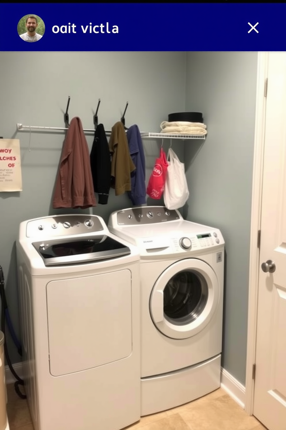 A bright and airy laundry room features a top loading washer surrounded by open shelving for storage. The walls are painted in soft beige, while vibrant accents like teal baskets and yellow towels add playful pops of color.