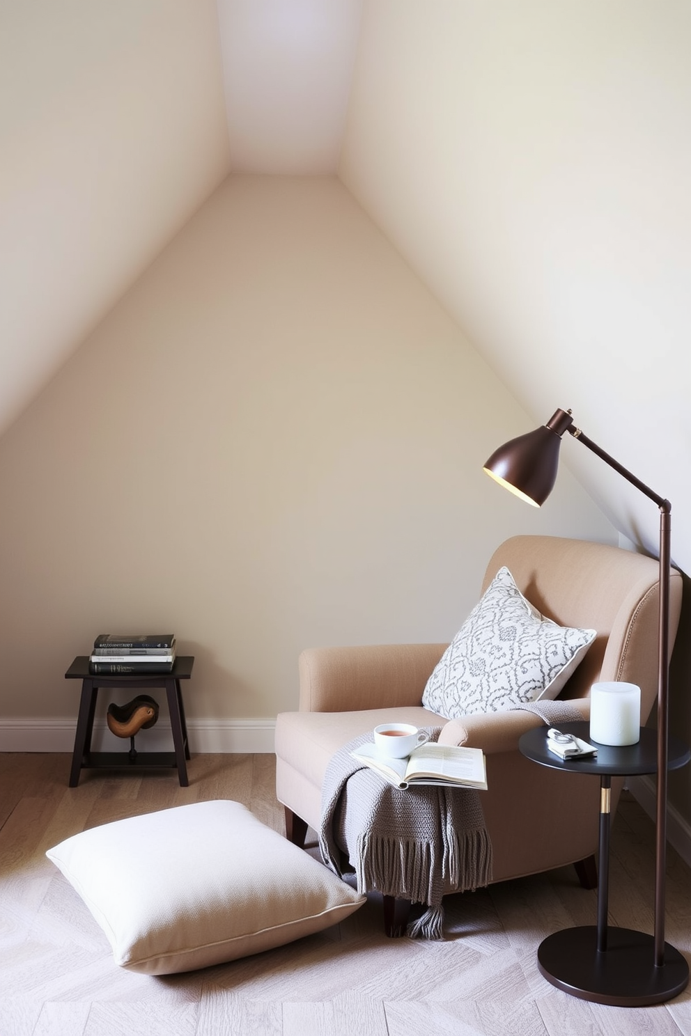 A cozy reading nook nestled under the eaves features a plush armchair upholstered in soft fabric. A small side table holds a stack of books and a warm cup of tea, while a floor lamp provides gentle lighting for evening reading. The walls are painted in a soft pastel color, enhancing the intimate atmosphere of the space. Decorative pillows and a warm throw blanket add comfort, creating an inviting retreat in a limited space attic design.