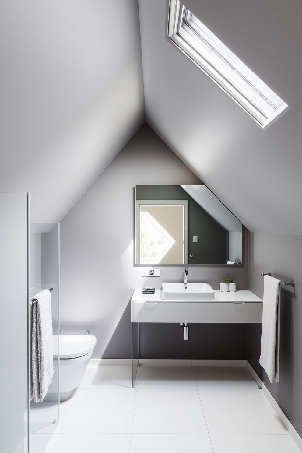 A sleek modern bathroom tucked in the attic features a compact design that maximizes limited space. The walls are painted in a soft gray, and the floor is adorned with large white tiles that create a sense of openness. A floating vanity with a minimalist sink is positioned under the sloped ceiling, complemented by a large frameless mirror that enhances the room's brightness. Natural light pours in through a skylight, illuminating the space and highlighting the contemporary fixtures.