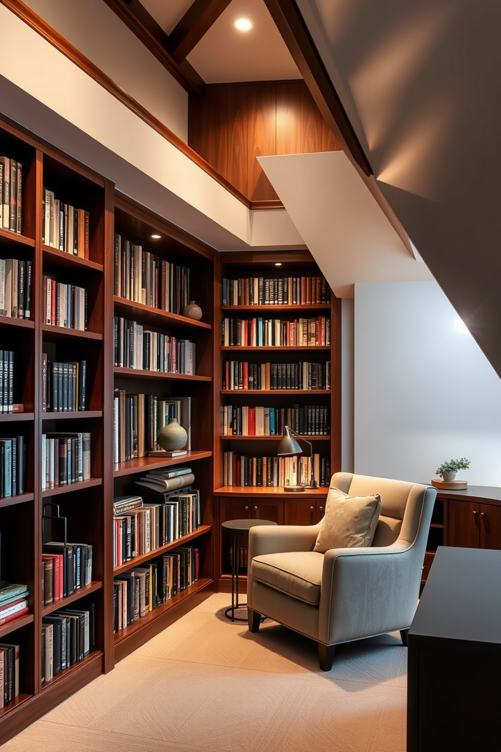 A cozy attic space designed with a sloped ceiling features a large decorative mirror that reflects natural light and creates an illusion of openness. The walls are painted in soft white, and a plush area rug adds warmth to the hardwood floor while a small reading nook with a comfortable chair is tucked under the eaves. Incorporate built-in shelving along the walls to maximize storage while maintaining a clean aesthetic. A few carefully placed mirrors are positioned to reflect the charming views from the attic windows, enhancing the overall brightness and spacious feel of the room.