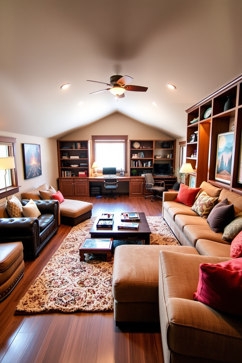 Warm family game room with cozy seating. The room features a large sectional sofa adorned with colorful throw pillows, creating an inviting atmosphere for family gatherings. The walls are painted in soft beige, complemented by warm wooden accents. A large coffee table sits in the center, surrounded by board games and a plush rug that adds comfort underfoot. Limited space attic design ideas. The attic is transformed into a multifunctional space with a compact desk for work and a cozy reading nook by the window. Built-in shelves maximize storage while maintaining an open feel, and soft lighting creates a warm ambiance perfect for relaxation.