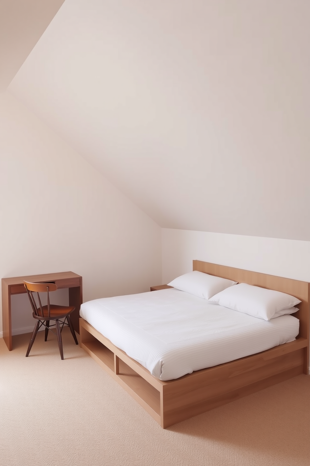 A cozy attic space designed with minimalist principles. The walls are painted in soft whites and beiges, creating an airy atmosphere that enhances the natural light. A sleek, low-profile bed rests against one wall with built-in storage underneath. A simple wooden desk and chair occupy the corner, maximizing functionality without cluttering the space.