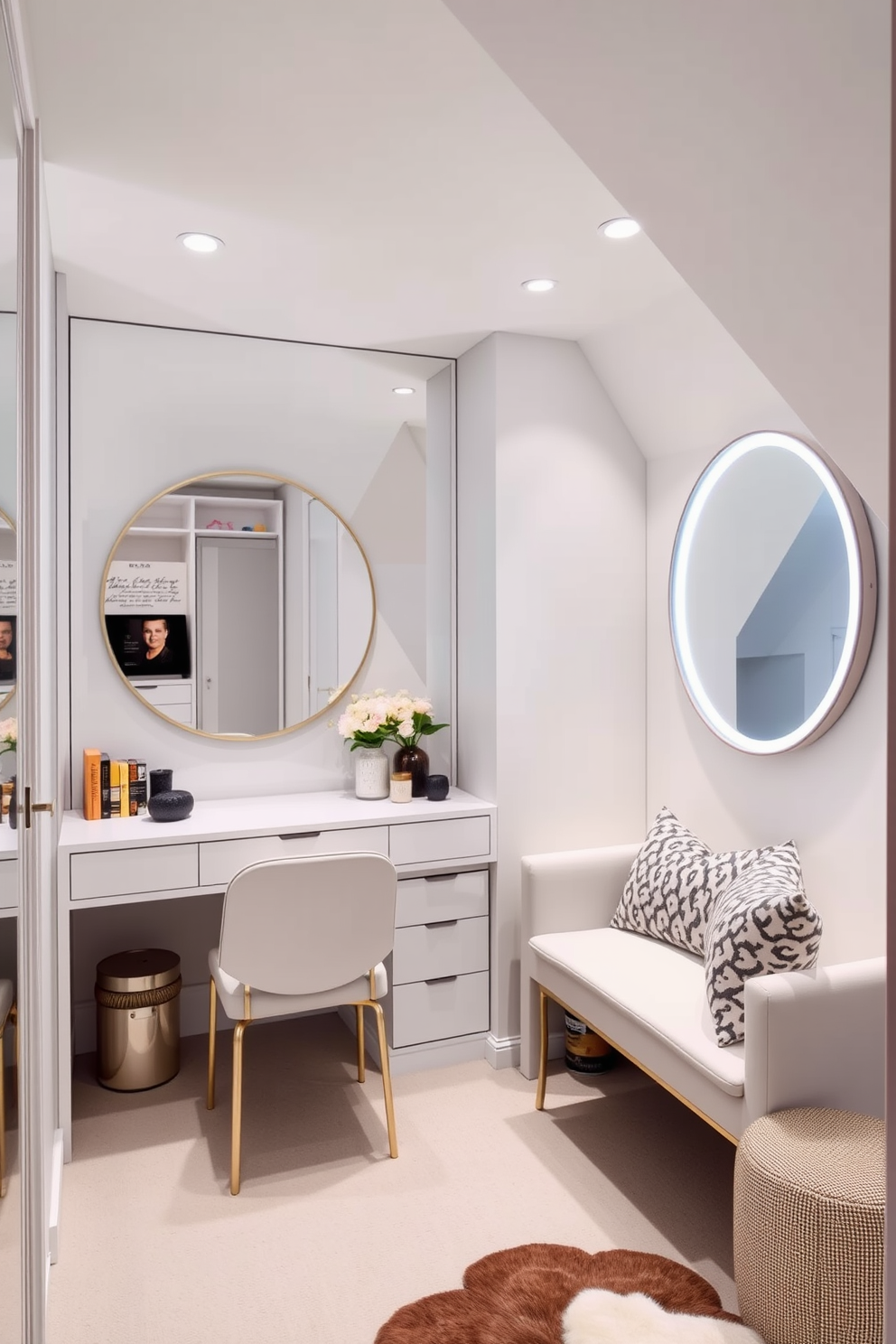 Chic dressing area with mirrored accents. The room features a sleek vanity with a large round mirror that reflects light and creates an illusion of space. Limited Space Attic Design Ideas. The design incorporates built-in shelving and a cozy reading nook, maximizing functionality while maintaining a stylish aesthetic.