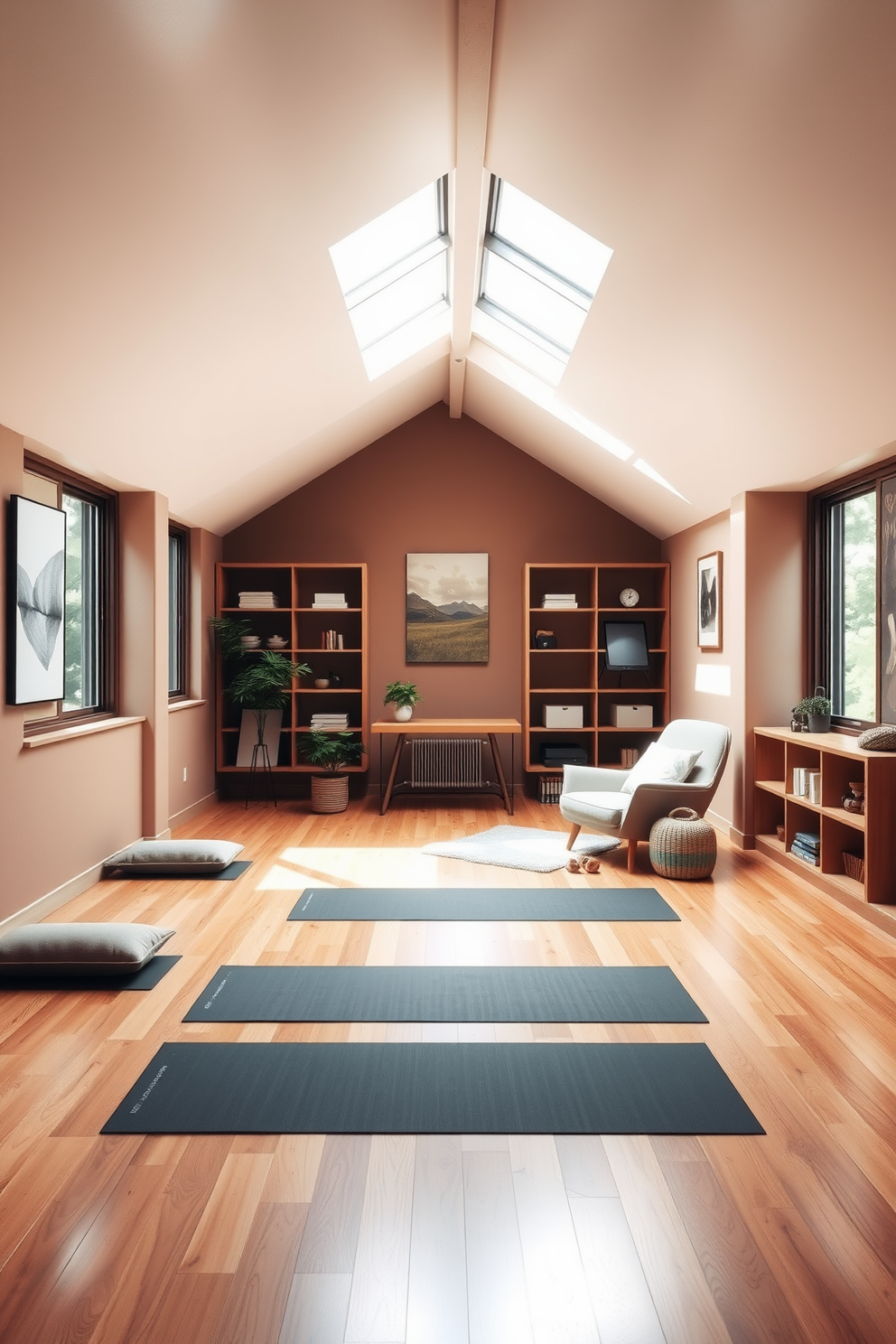 Transformative yoga studio with calming vibes. The space features large windows that allow natural light to flood in, creating a serene atmosphere. Soft wooden flooring complements the earthy tones of the walls, adorned with calming artwork. Cushioned mats are neatly arranged, and a small indoor plant adds a touch of greenery. Limited space attic design ideas. The attic is transformed into a cozy reading nook with built-in shelves and a comfortable armchair. Skylights provide ample light, while soft, warm colors create an inviting ambiance. A small desk is tucked into a corner, perfect for quiet work or study sessions.