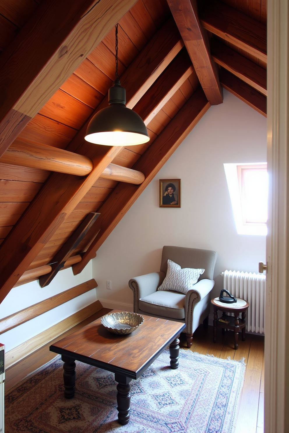 A cozy attic space designed with rustic charm. Exposed wooden beams create a warm atmosphere while maximizing the use of limited space. A small seating area features a plush armchair and a vintage wooden coffee table. Soft lighting from a hanging pendant illuminates the room, enhancing the inviting ambiance.