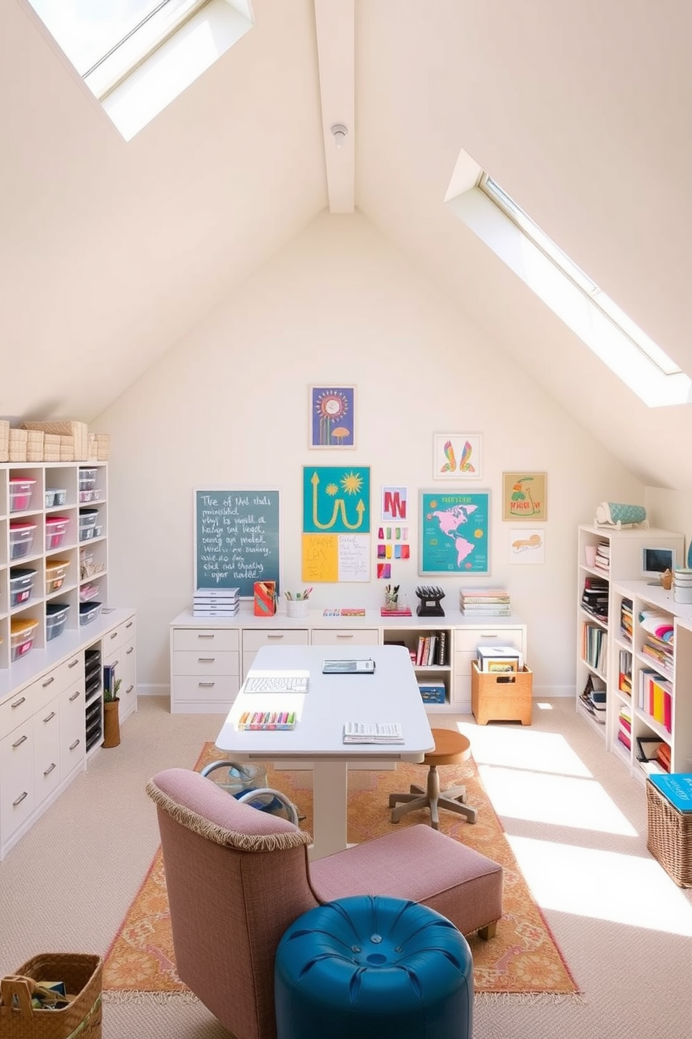 Bright craft room with organized supplies. The walls are painted in a light pastel color, and large windows let in ample natural light. Shelving units are filled with neatly arranged containers, and a large work table is positioned in the center for crafting activities. Colorful artwork and inspiration boards are displayed to create an inviting atmosphere. Limited Space Attic Design Ideas. The attic features sloped ceilings with skylights that enhance the sense of openness. A cozy reading nook is created with a small chaise lounge and a bookshelf, while multifunctional furniture maximizes the available area.