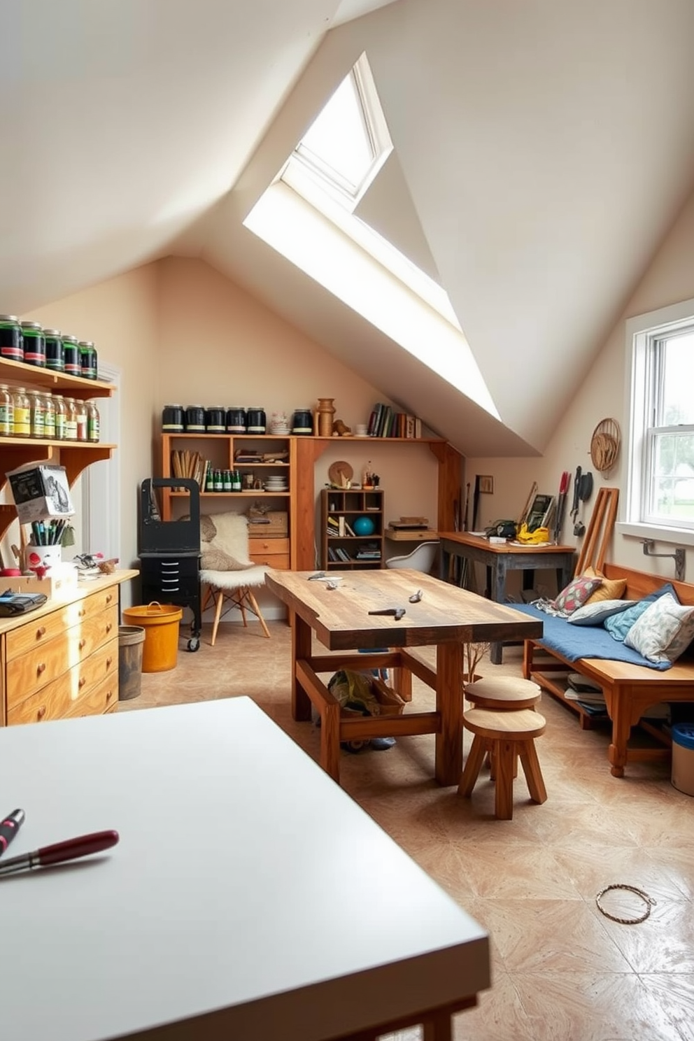 An artisan workshop with ample work surfaces features a large central table made of reclaimed wood surrounded by various tools and materials. Natural light floods the space through skylights, illuminating the walls lined with shelves filled with jars of paint, brushes, and crafting supplies. Limited space attic design ideas incorporate multifunctional furniture to maximize usability. A cozy reading nook is created with a built-in bench beneath a dormer window, complemented by soft cushions and a small bookshelf.