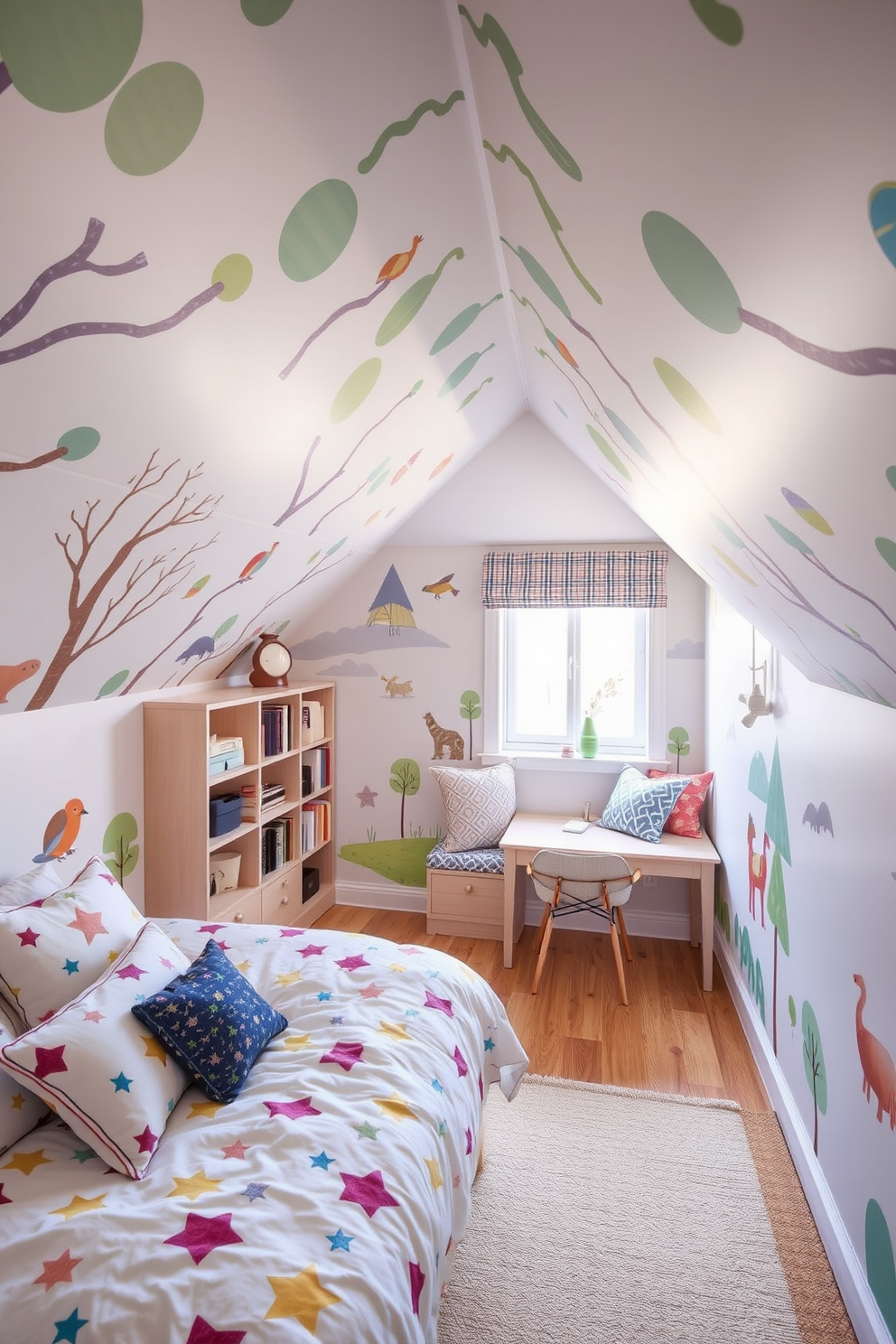 A whimsical children's bedroom filled with playful themes. The walls are adorned with colorful murals of animals and trees, and the bedding features fun patterns of stars and clouds. Limited space attic design ideas that maximize functionality and style. A cozy reading nook is created with a built-in bookshelf and a small window seat, while a compact desk area is tucked under the eaves.