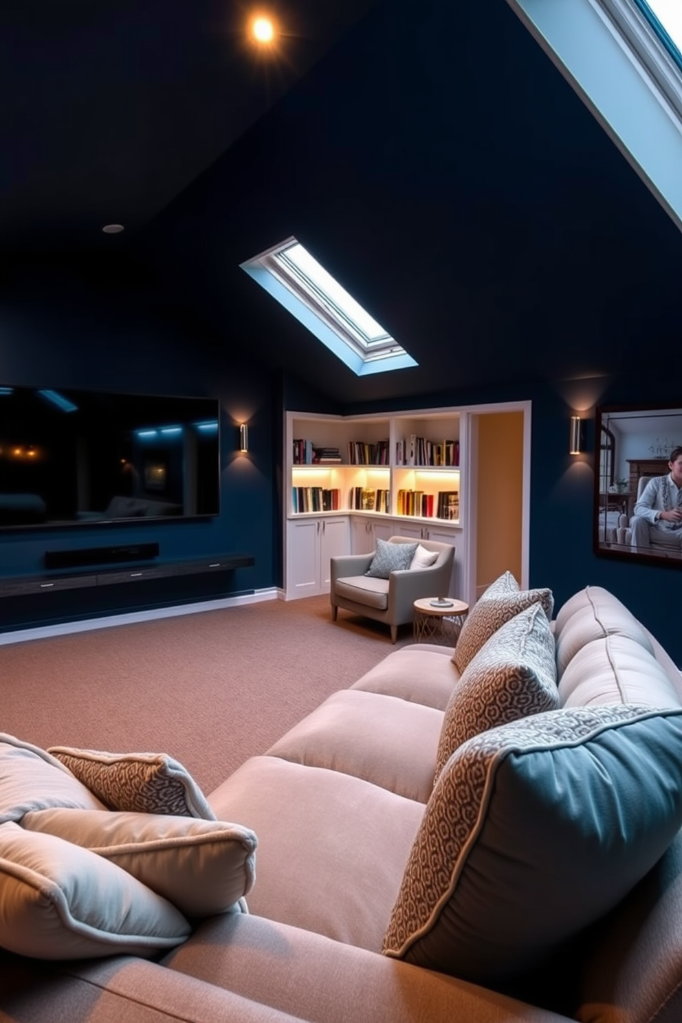 A relaxing movie room with comfy seating features a plush sectional sofa adorned with soft throw pillows. The walls are painted a deep navy blue, and a large screen is mounted opposite the seating, with ambient lighting creating a cozy atmosphere. Limited space attic design ideas include a compact yet stylish reading nook with a built-in bookshelf and a comfortable armchair. Skylights provide natural light, and light-colored walls help to create an airy feel in the space.