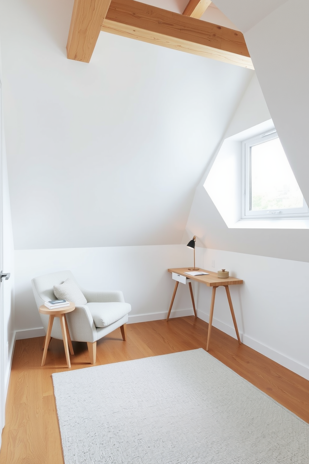 A Scandinavian style attic retreat featuring a cozy reading nook with a plush armchair and a small wooden side table. The walls are painted in a soft white hue, and the ceiling showcases exposed wooden beams that add warmth to the space. In the corner, a minimalist desk with a sleek design is positioned beneath a large window, allowing natural light to flood in. A light gray area rug lies on the wooden floor, enhancing the simplicity and comfort of this limited space attic design.